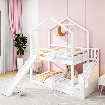 XDeer Kinderbett Kinderbett Hausbett,Etagenbett mit Rutsche und Leiter, Etagenbettgestell aus Massivholz mit Lattenrost 90 x 200 cm