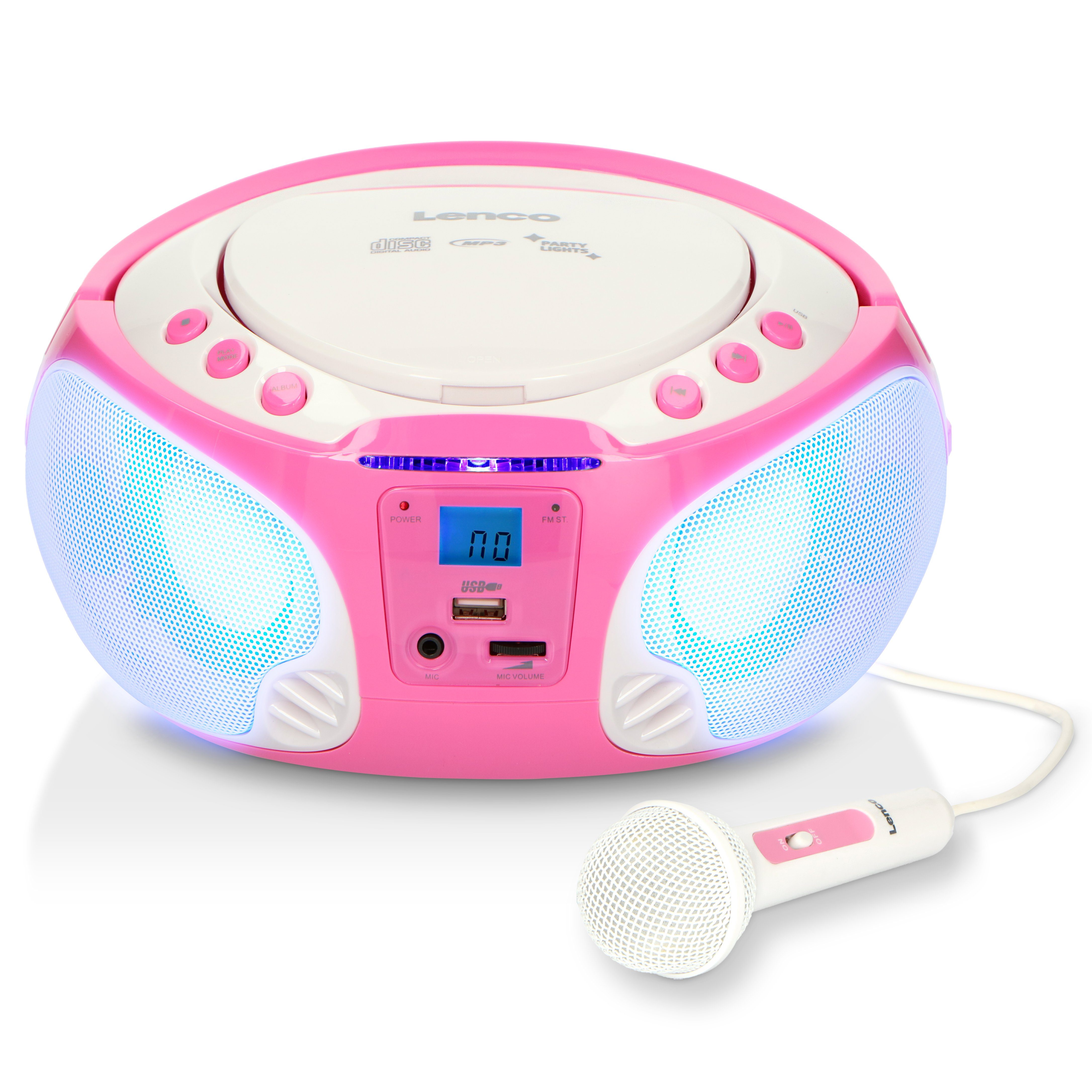 Lenco SCD-650PK UKW-Radio (FM, 6 W, Karaoke-Radio, MP3, USB, Mikrofon, Aux inkl. Boxen mit LED-Beleuchtung)