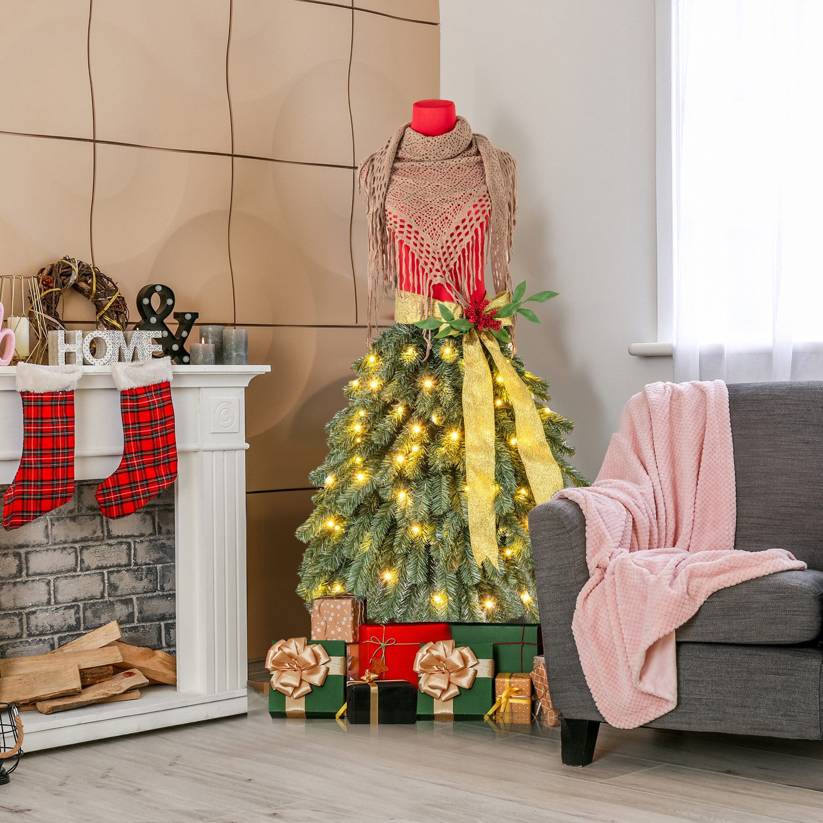 COSTWAY Künstlicher Weihnachtsbaum, 150cm, 100 LEDs, in Schneiderpuppen-Optik