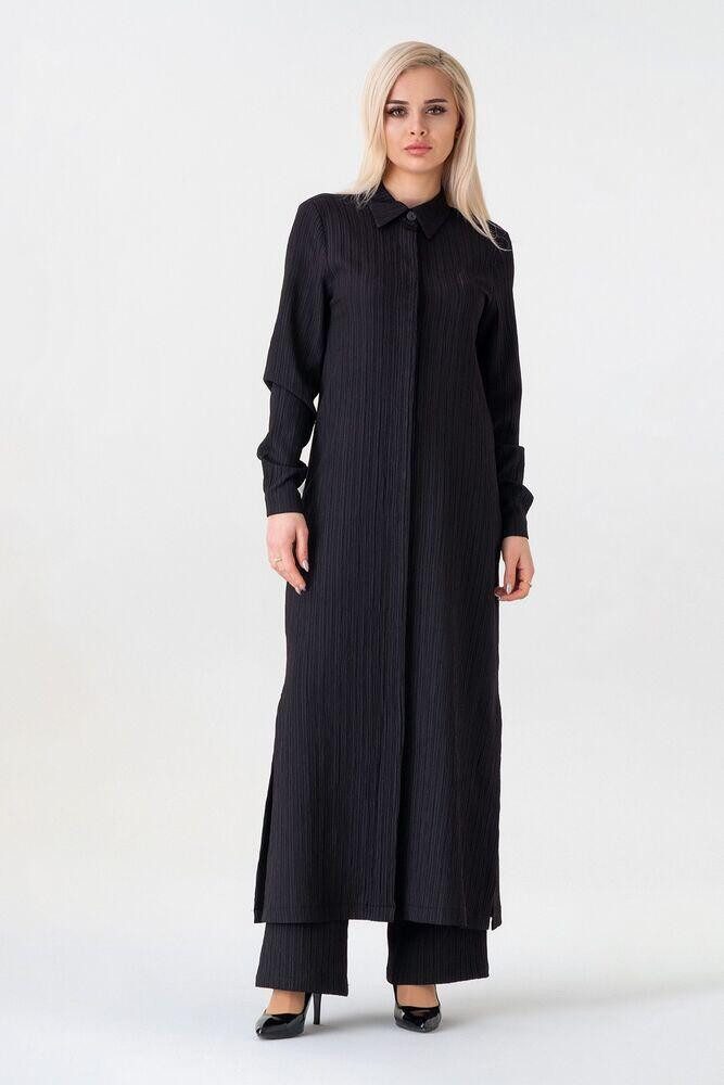 fashionshowcase Longtunika Damen Crinkle lange Tunika verdeckte Knopfleiste Modest elegant Crinkle-Struktur, fließender Fall, Seitenschlitze, vielseitig tragbar