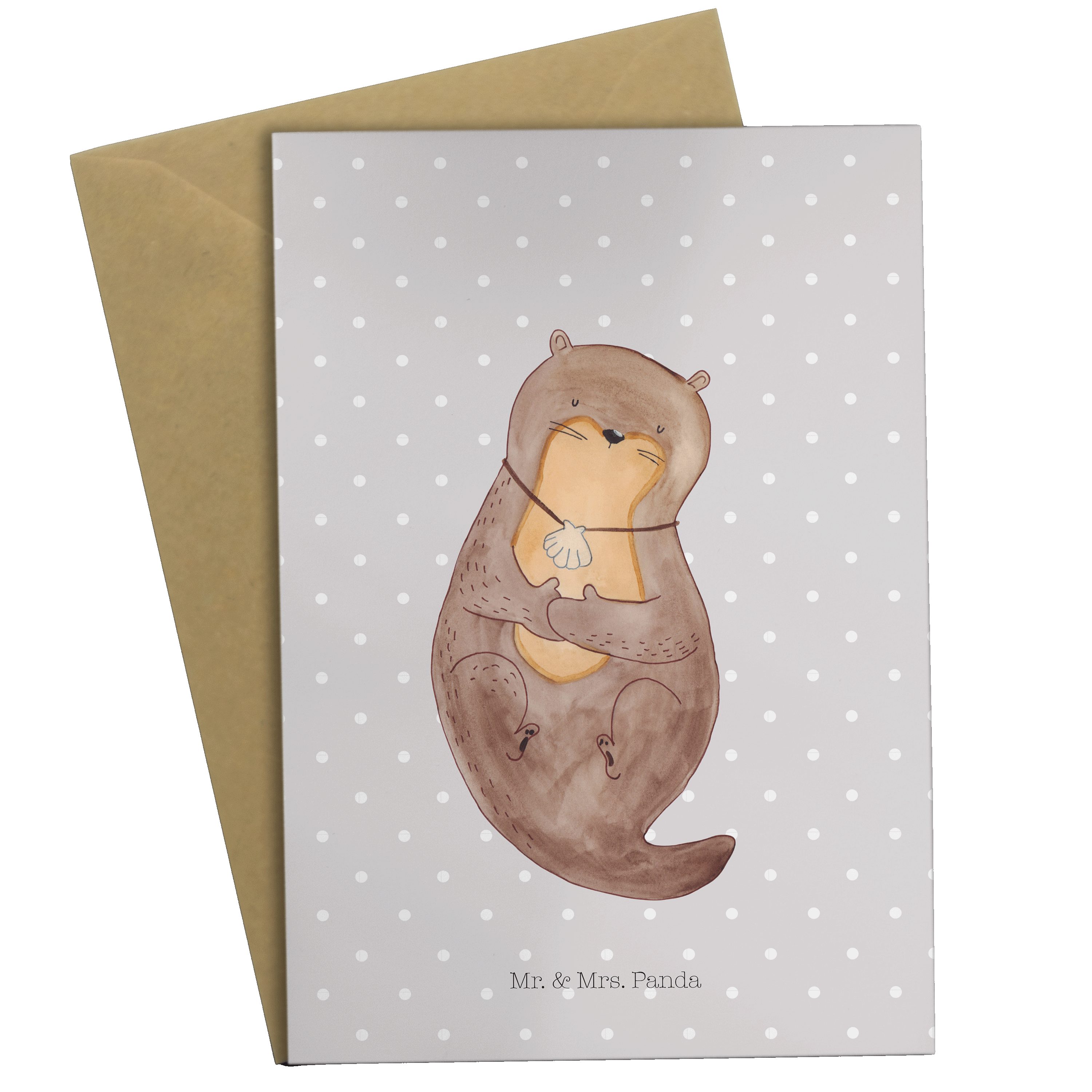 Mr. & Mrs. Panda Grußkarte Otter mit Muschelmedaillon - Grau Pastell - Geschenk, niedlich, Klapp