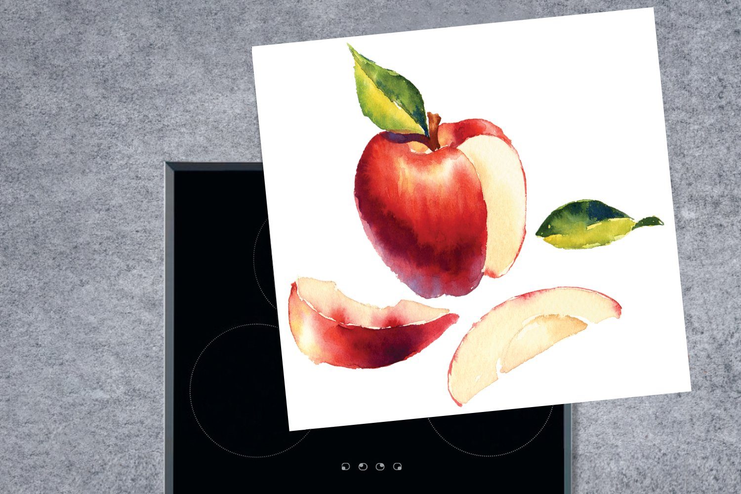 Aquarell küche - Ceranfeldabdeckung, (1 tlg), cm, 78x78 Vinyl, - Rot, Arbeitsplatte Herdblende-/Abdeckplatte Apfel für MuchoWow