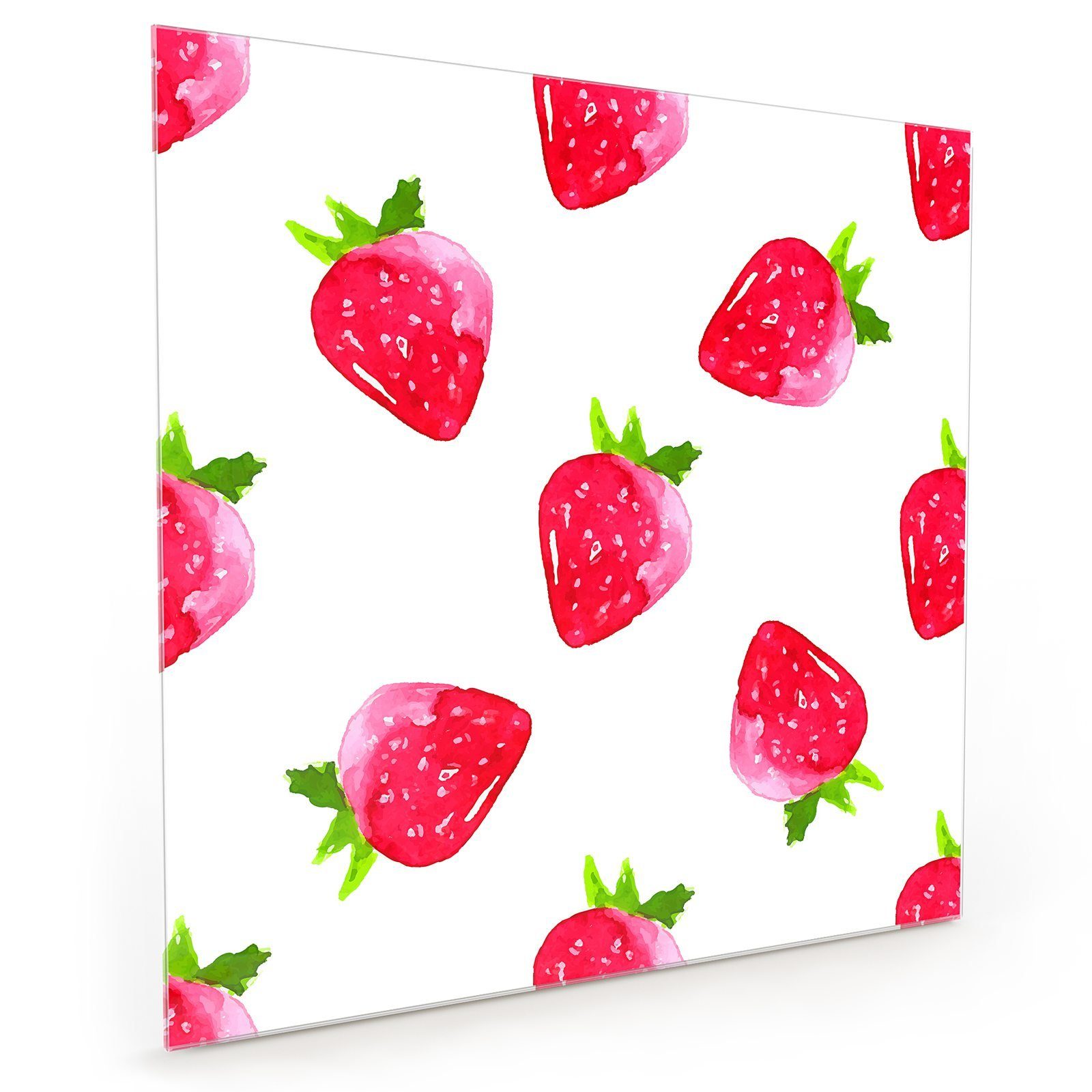 Primedeco Küchenrückwand Spritzschutz Glas Aquarell Erdbeeren mit Blatt