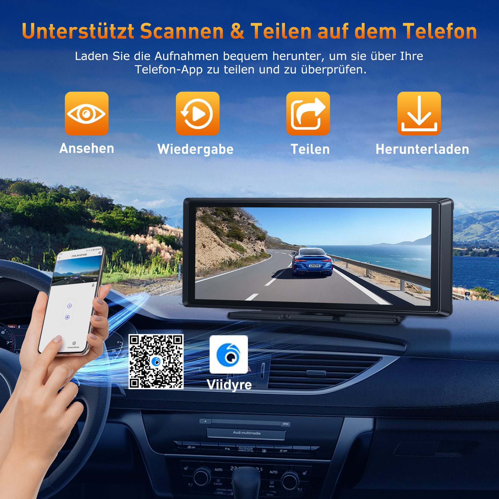 ESSGOO 4K 8,1-Zoll Wireless Apple Carplay Android Auto Vorne Rückfahrkamera Dashcam (Bluetooth, WiFi)