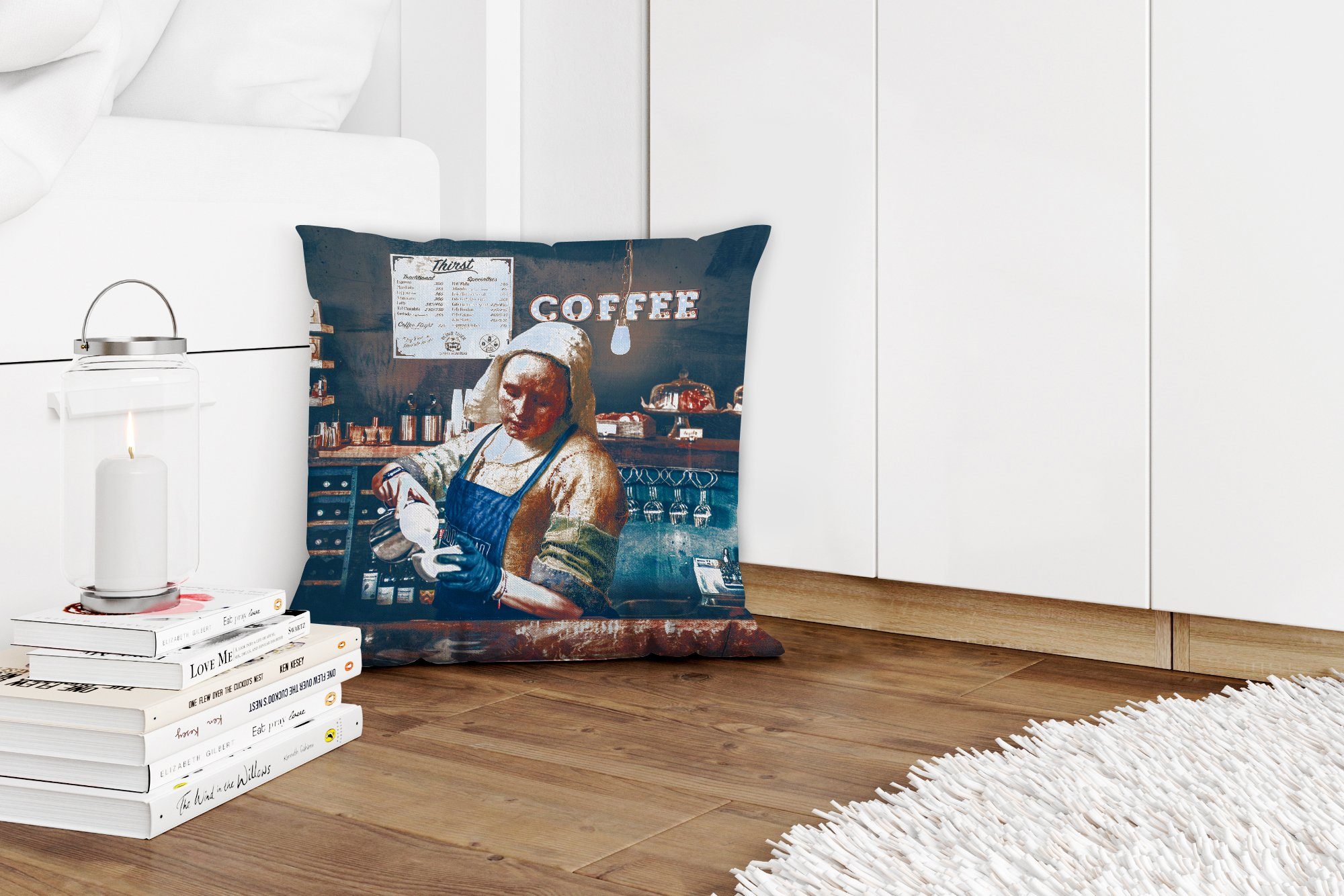 Sofakissen Füllung Kunst Kaffee Milchmädchen mit Cappuccino Schlafzimmer, Deko, Zierkissen - - Dekokissen Vermeer - Wohzimmer, MuchoWow _, Barista - für -