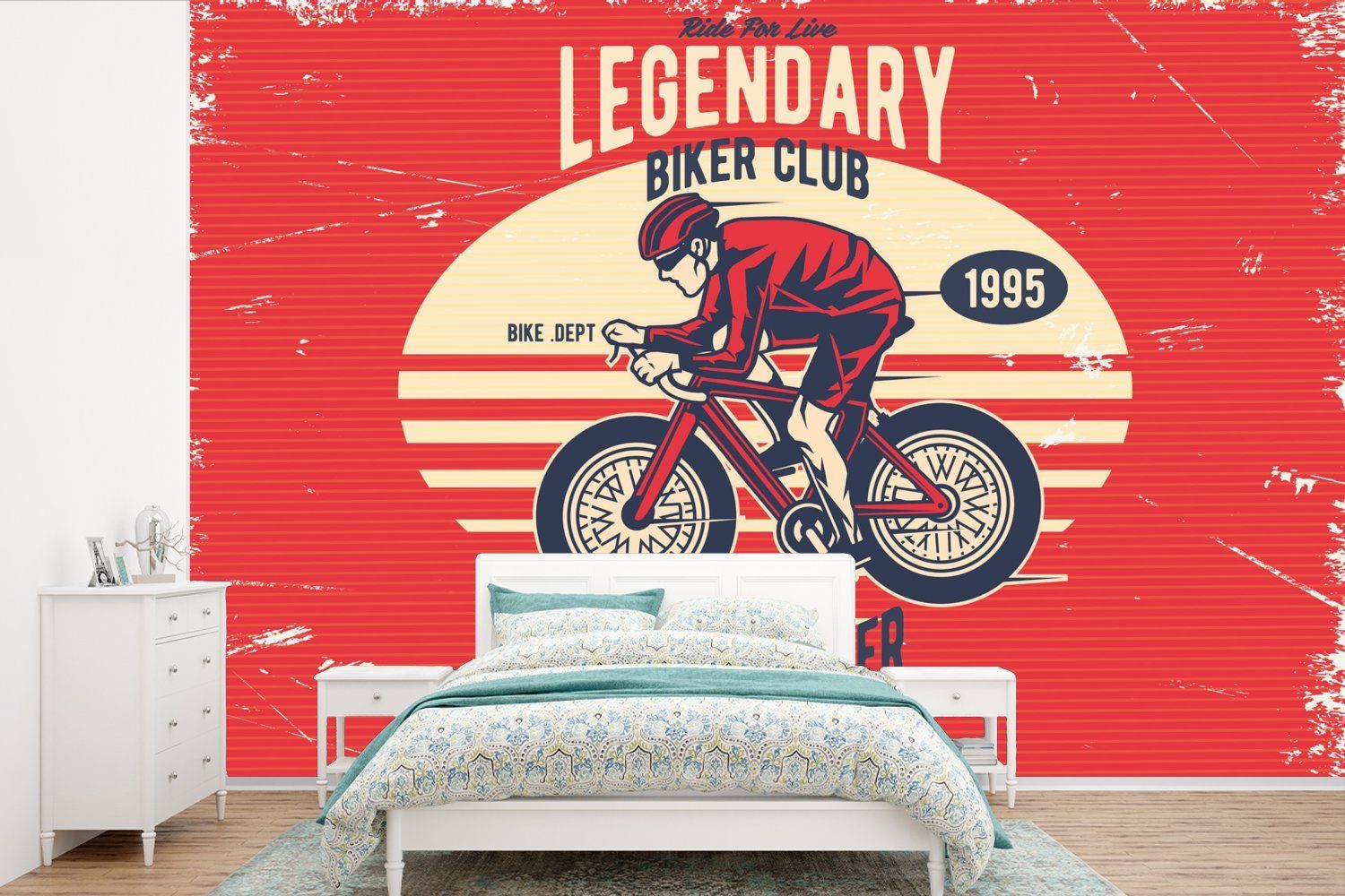 Radfahrer - Fahrrad Schlafzimmer, für Matt, Fototapete Vinyl MuchoWow St), Wohnzimmer, Tapete Kinderzimmer, bedruckt, - Retro, (6 Wallpaper