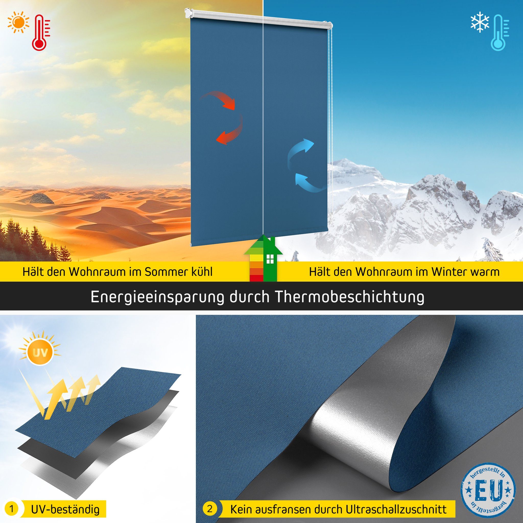 Verdunklungsrollo Thermorollo, 32,5 x 100 cm, dunkelblau [Stoffbreite 29,1 cm], jalousiescout, verdunkelnd, ohne Bohren, freihängend, Klemmfix, Thermo-Rollo Vollverdunkelnd Thermo-Beschichtung, energiesparend