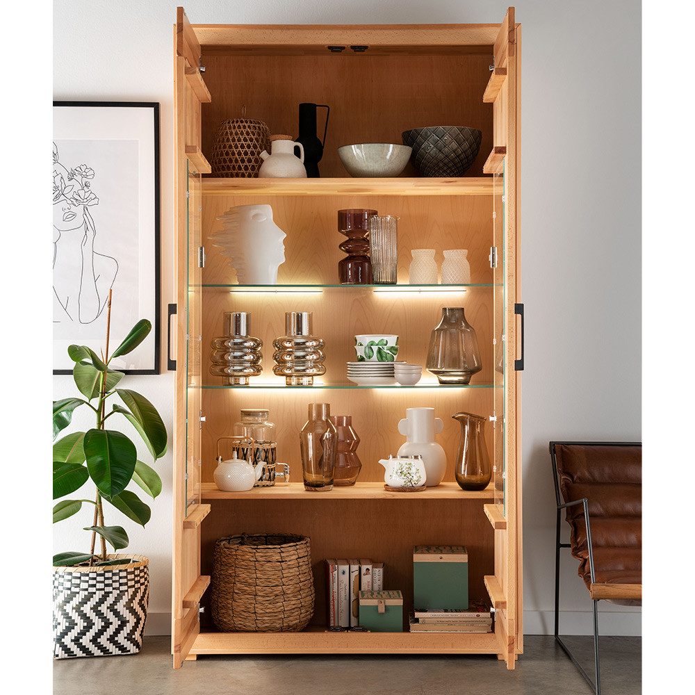 Lomadox Vitrine WINNIPEG-69 Vitrinenschrank, Kernbuche massiv geölt, Hirnholz-Details, montiert