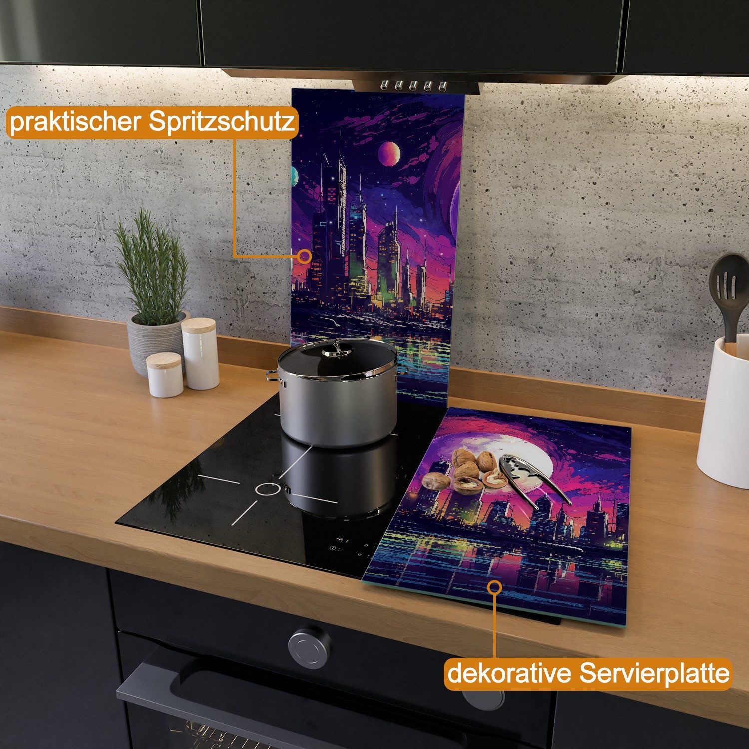 Wallario Herd-Abdeckplatte Zukunft unter fremden Himmeln, ESG-Sicherheitsglas, (Glasplatte, 2 tlg., inkl. 5mm Noppen), verschiedene Größen