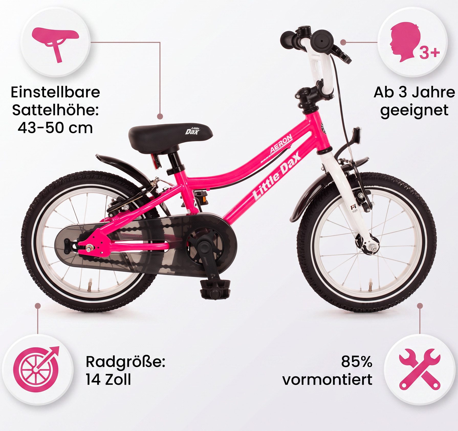 Bachtenkirch Kinderfahrrad 14 Zoll Fahrrad Pink Mädchen ab 3 Jahre, Sitzhöhe 43-50 cm, Schrittlänge ab ca. 41 cm, Gewicht ca. 7 kg