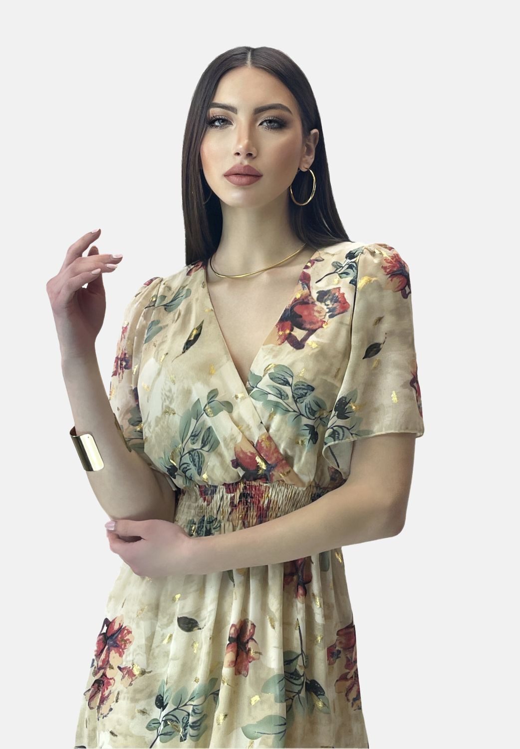 Elara Sommerkleid Damen Chiffon Sommerkleid mit Blumenmuster – Wickelkleid mit Muster