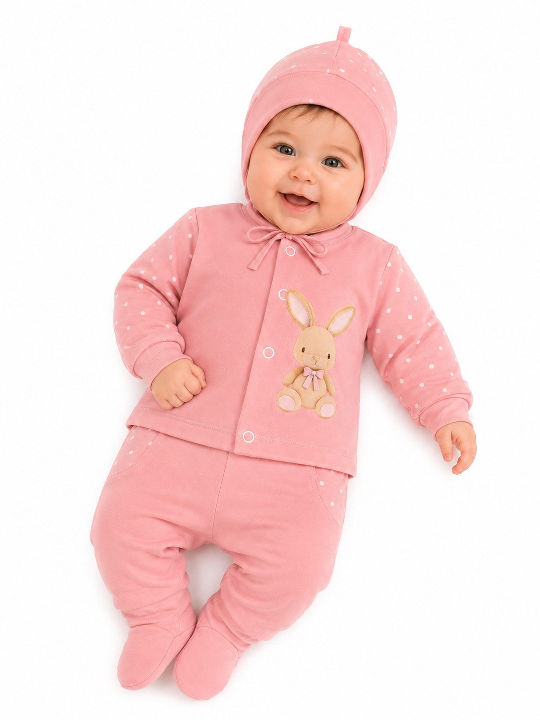 La Bortini Freizeitanzug Baby Anzug Hose Hemdchen Hose Mütze in Altrosa mit Hase, aus Baumwolle, 44 50 56 62 68, gepunktet