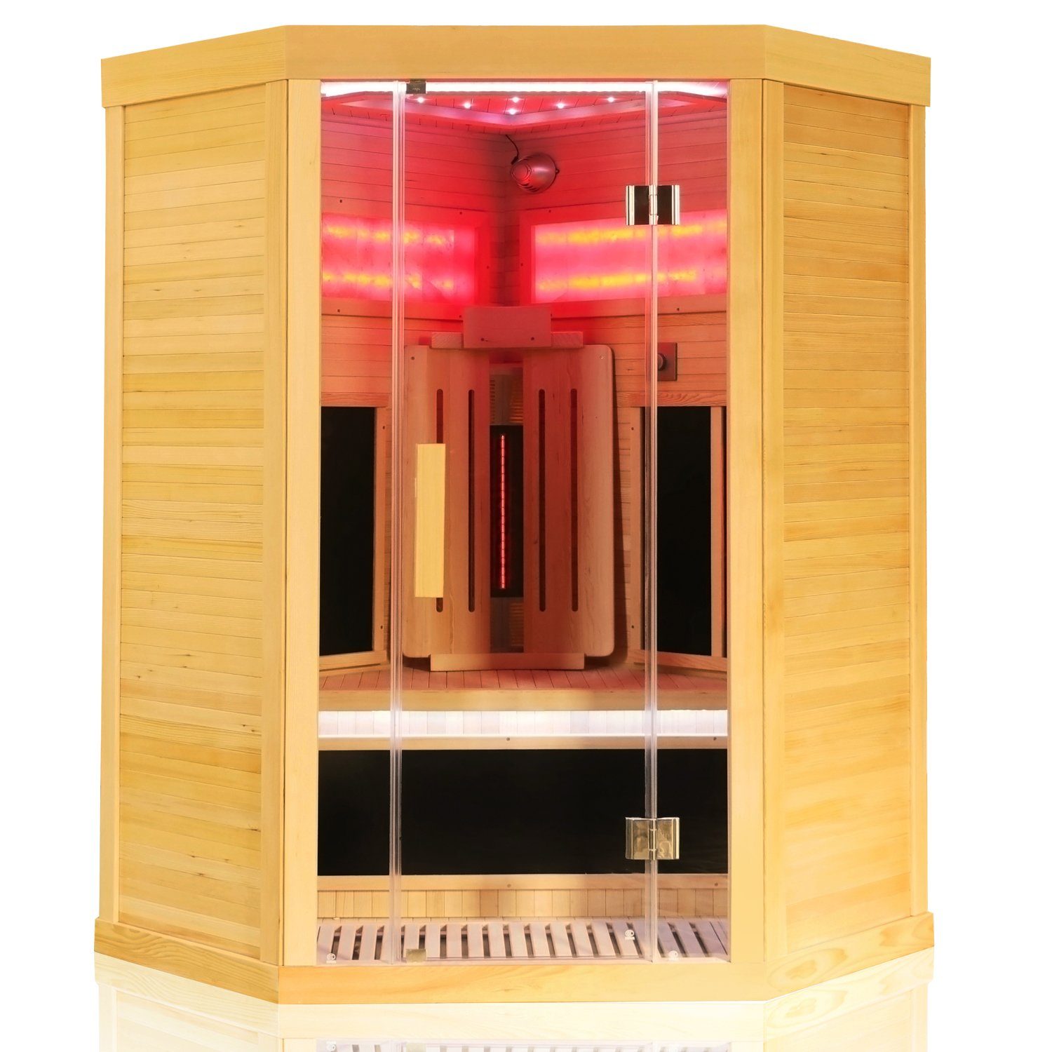 Dewello Infrarotkabine SALTCOATS 120 Wärmekabine, bis zu 2 Personen, Dual-Therm, BxTxH: 120 x 120 x 190 cm, (Farblichttherapie, Ionisator mit Ozondesinfektion und Aromatherapie, Multimedia mit zusätzlich USB-Anschluss & Bluetooth möglich) Sauna aus Hemlock-Tannenholz, leichter Aufbau dank Stecksystem