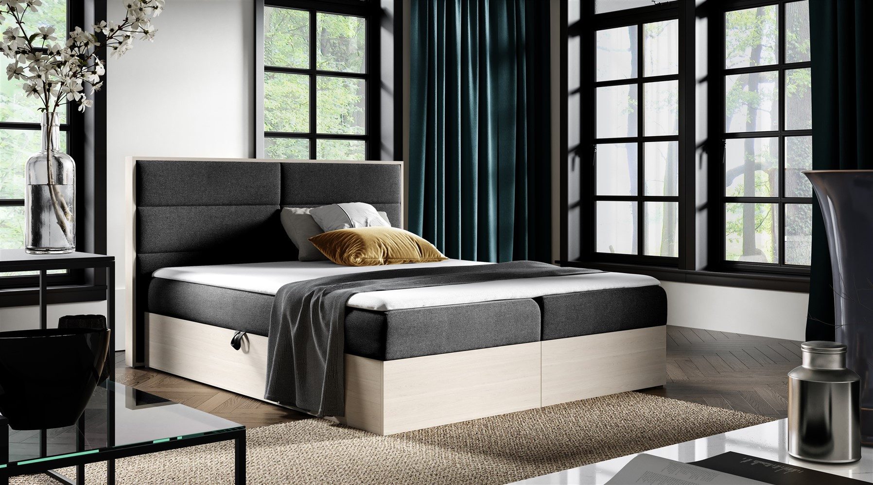 Fun Möbel Boxbett Schlafzimmerbett LAMBROS in Stoff u. Nordic-Teak-Optik (Inkl. Topper, Inkl. Bettkasten), Nordic Teak - Dekor