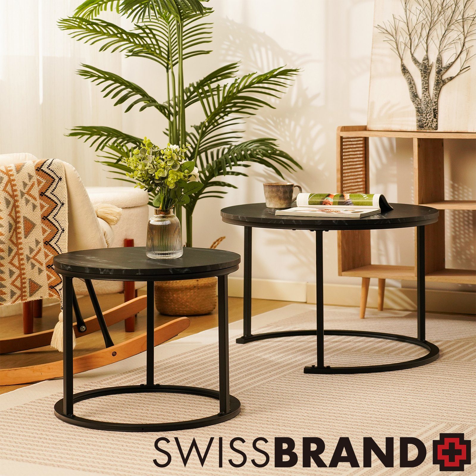 SWISSBRAND Couchtisch 2er Beistelltisch, Großer Tisch: 70x45cm, Kleiner Tisch: 50x40cm (2er-Set), Schwarz, Modern | Couchtische