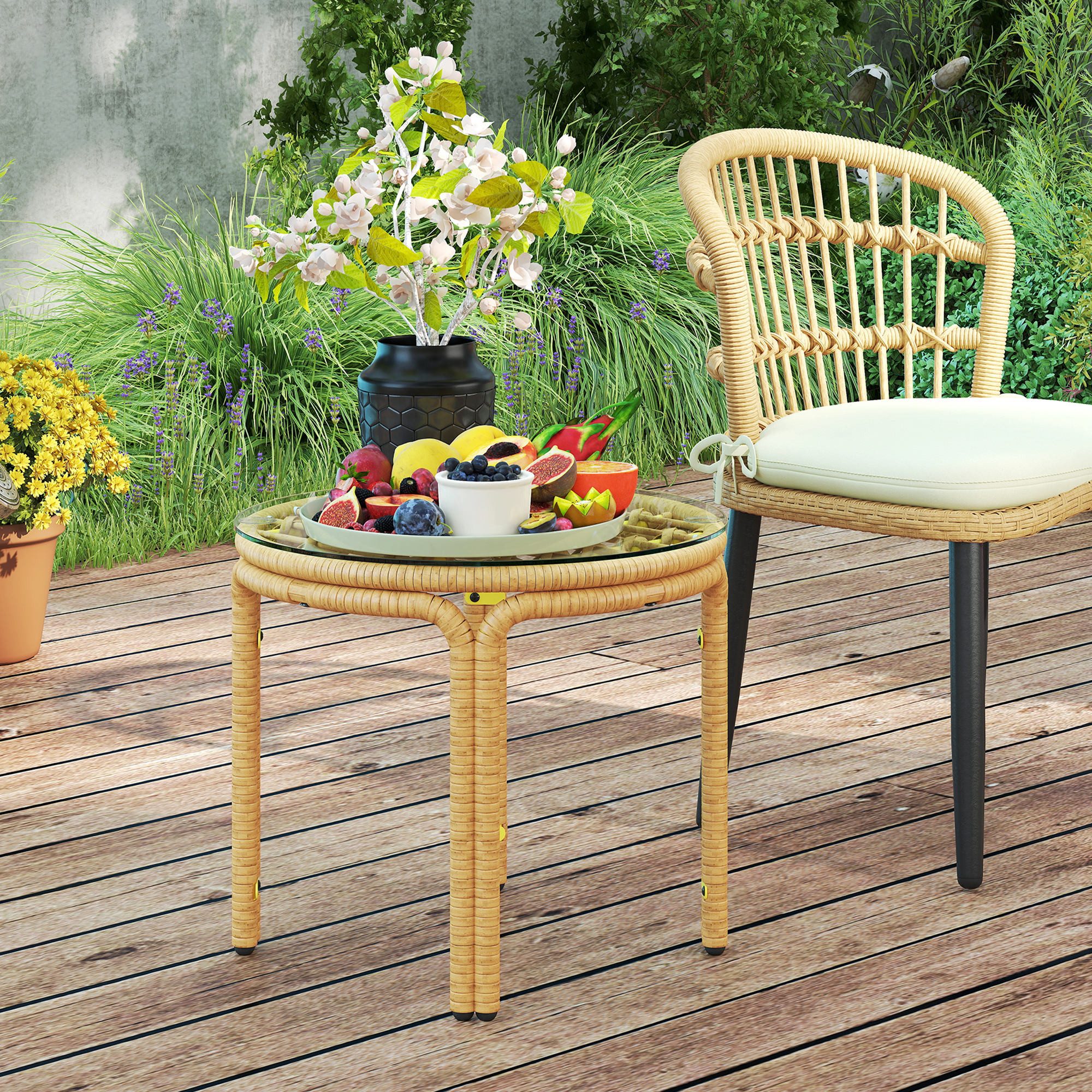 Outsunny Beistelltisch mit Glas Tischplatte (Gartentisch aus Polyrattan, 1-St., runder Couchtisch), für Wohnzimmer Garten Terrasse Balkon, Ø50 cm Gelb