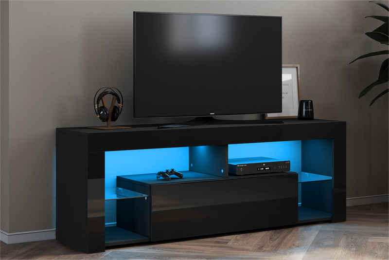 SONNI Lowboard TV Schrank schwarz mit 12 Led Farben Beleuchtung, 140x35x50.5cm, tv schrank in wohnzimmer, sideboards