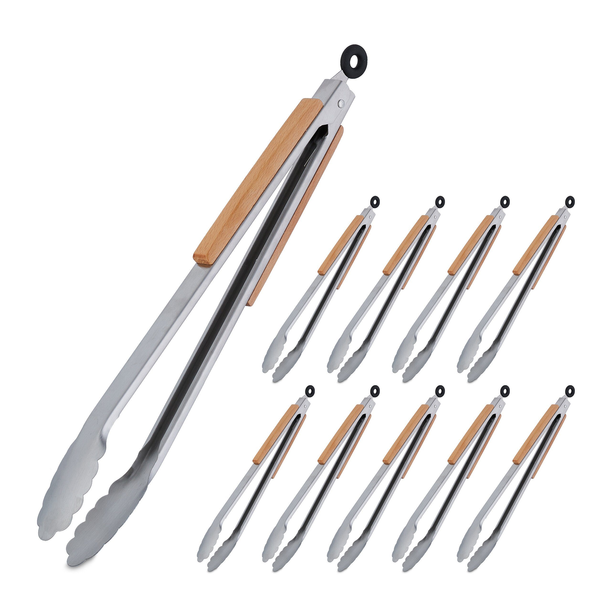 Grillzange 10 x Edelstahl Grillzange mit Holzgriff