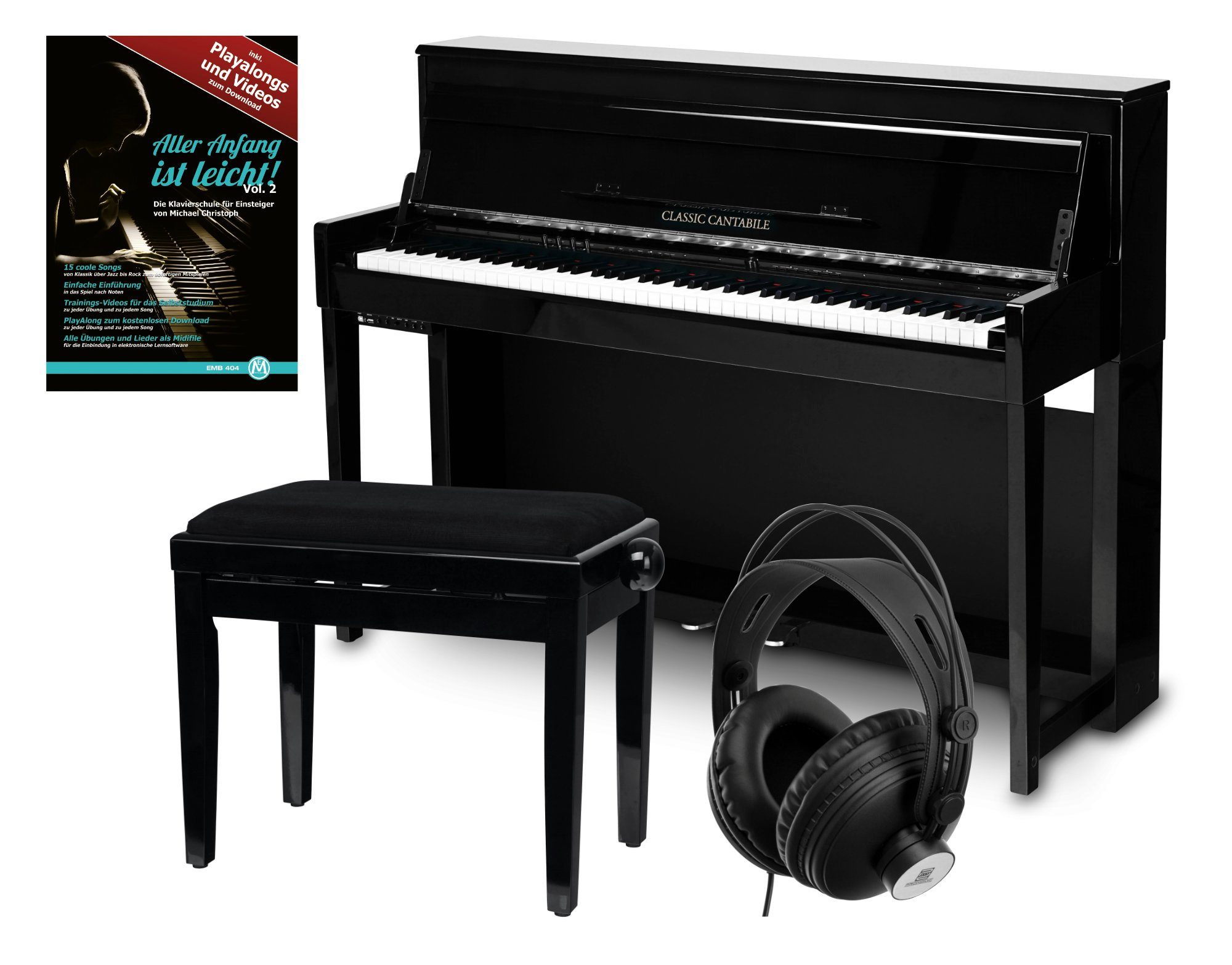 Classic Cantabile Digitalpiano UP-1 SH E-Piano Set - 88 gewichtete Tasten mit Graded Hammer-Tastatur (Spar-Set, inkl. Klavierbank, Kopfhörer & Schule), Klavier mit 40 Sounds und 256-fache Polyphonie
