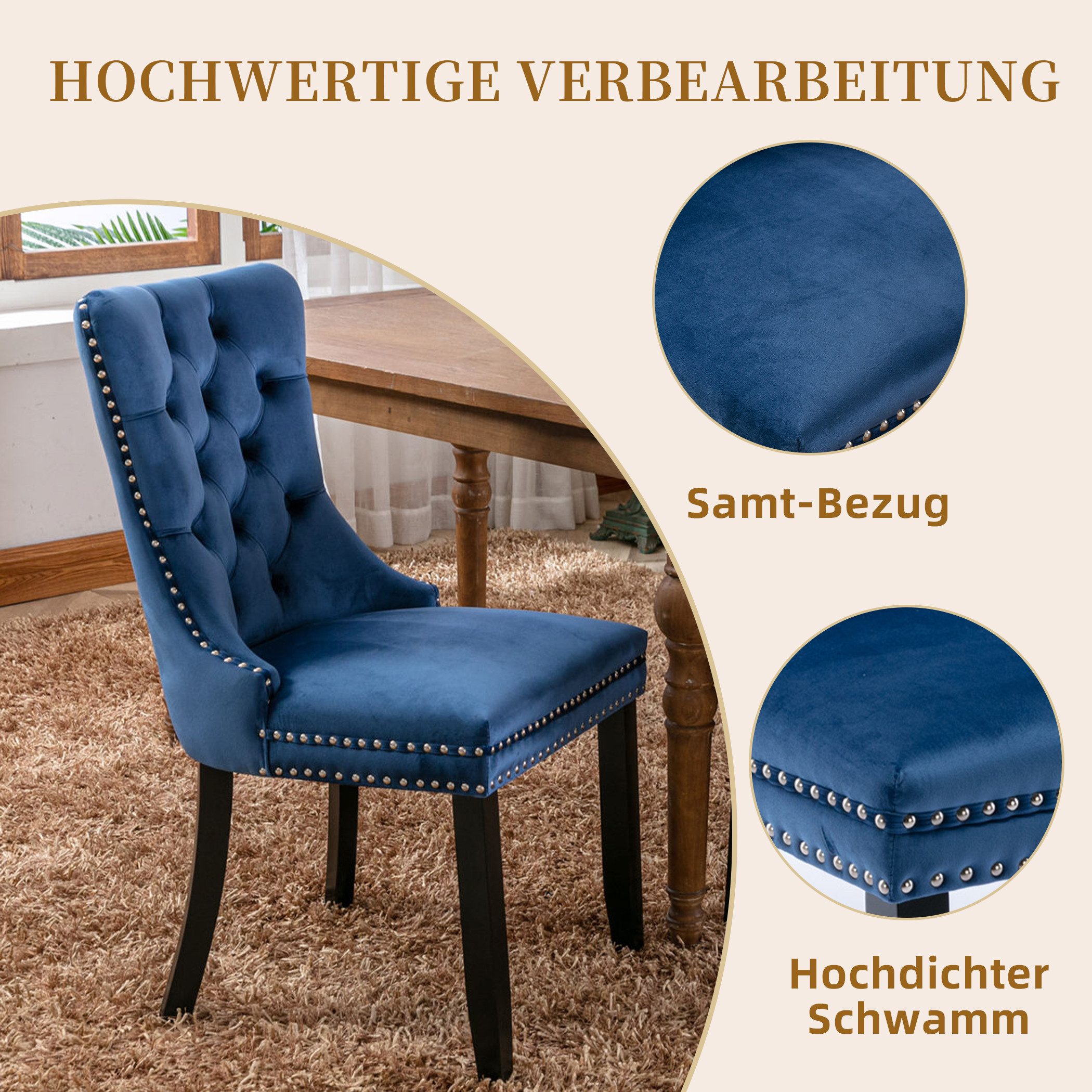 SeedWave Esszimmerstuhl 2er-Set Küchenstuhl Samtbezug, Holzfüße mit Verstellbaren Schrauben, Polsterstuhl mit Ringgriff, Niete und Knopf-Rückenlehne