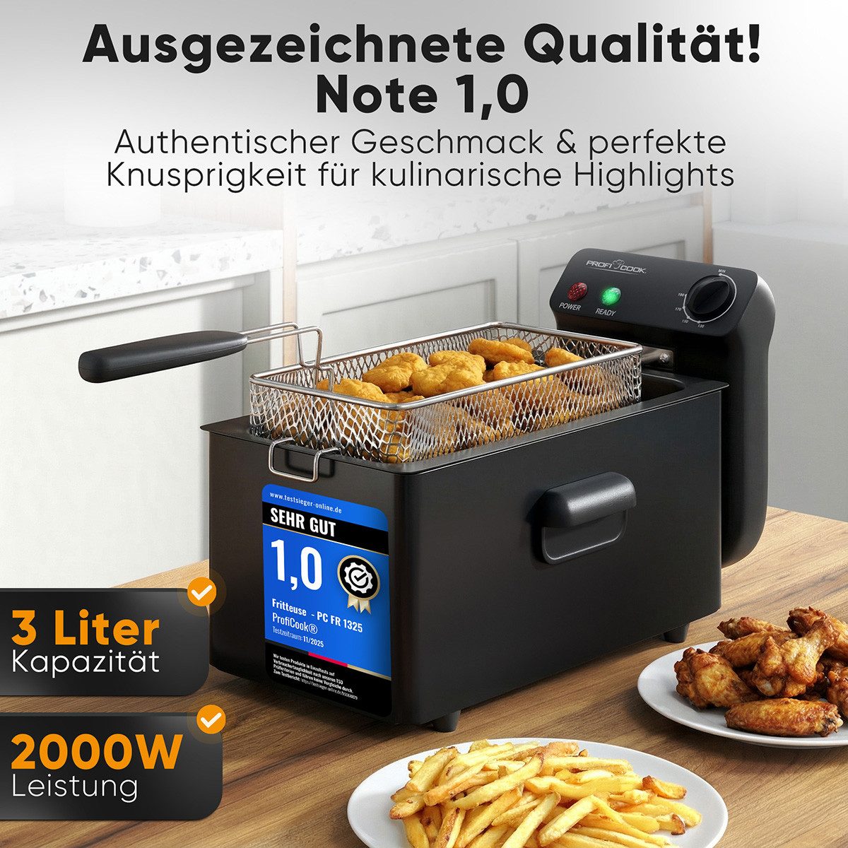ProfiCook Fritteuse PC-FR 1325, 2000W Friteuse mit Fett, bis190°C, 3L, Kaltzone
