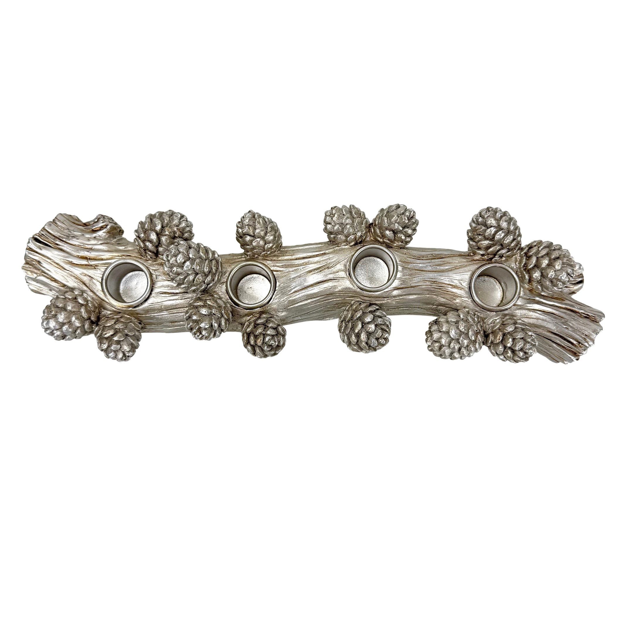 Online-Fuchs Kerzenständer in Ast Form mit Tannenzapfen - Kerzenhalter für 4 Stabkerzen - Silber (Vintage Look, 33 cm lang), Dekoration für Herbst, Winter und Weihnachten
