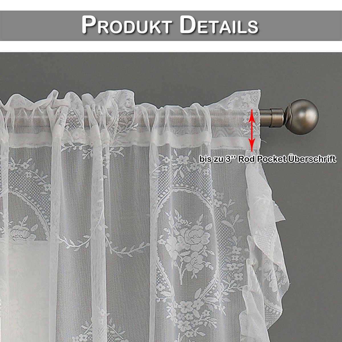 Rosnek Vorhang Transparent, Floral, Spitze Rüschen, für Wohnzimmer Schlafzimmer Deko (2 St), Stangendurchzug, transparent, Store