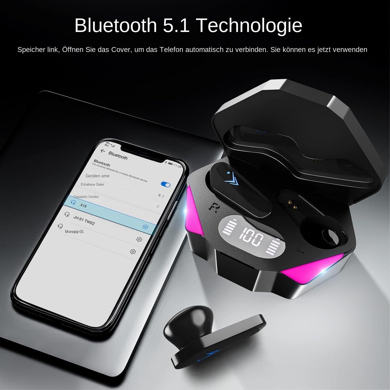 BUMHUM TWS Latenz schwarz True (TWS Stereo-Ohrhörer 5.3 geringer und, mit Bluetooth-Kopfhörer Bluetooth Bluetooth-Kopfhörer, Gaming Wireless Musikgenuss) kabellose und RGB-Beleuchtung mit Batteriestandsanzeige