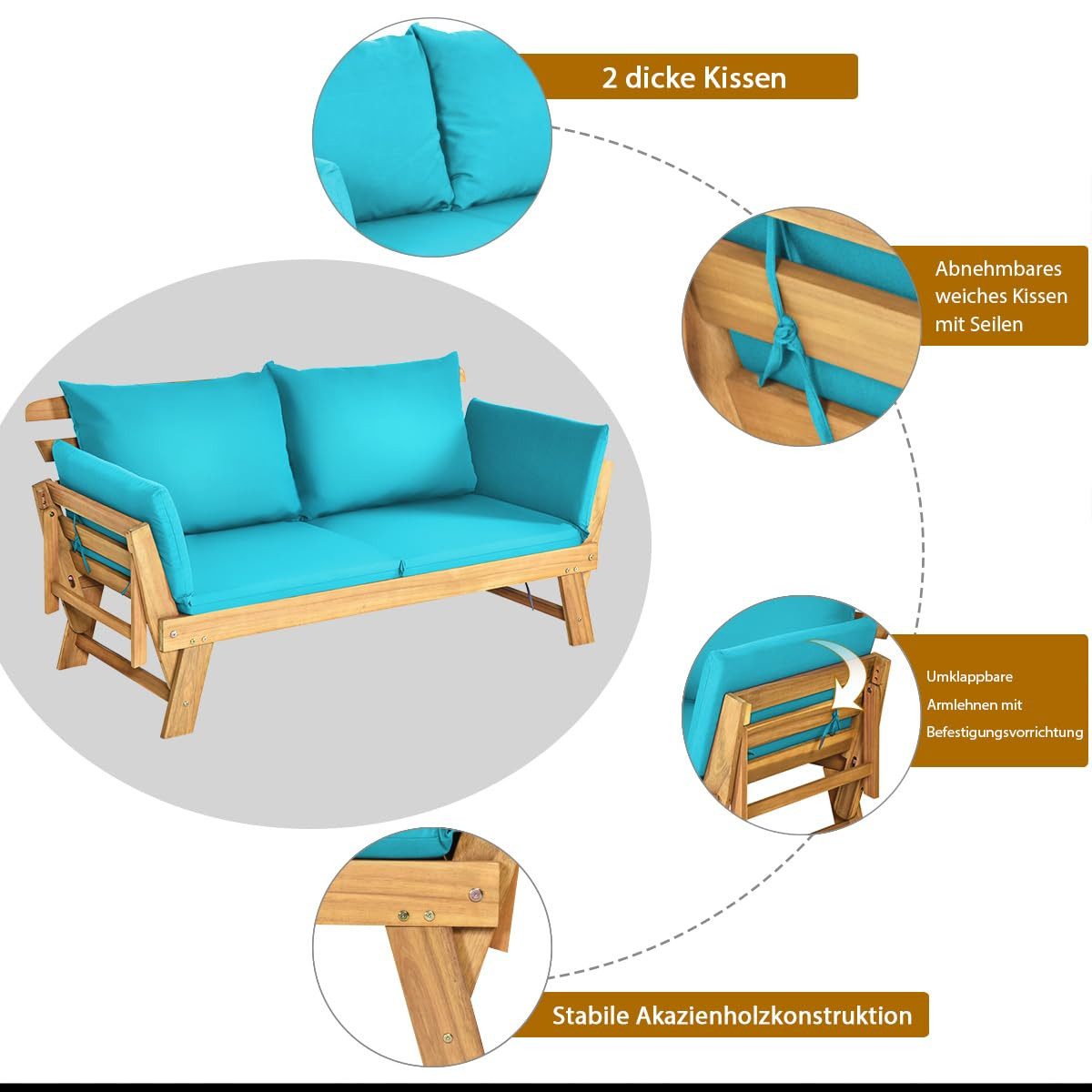 COSTWAY Gartenbank 4-in-1 XXL, mit Liegefunktion, Auflage, 198x75x75cm, 320kg