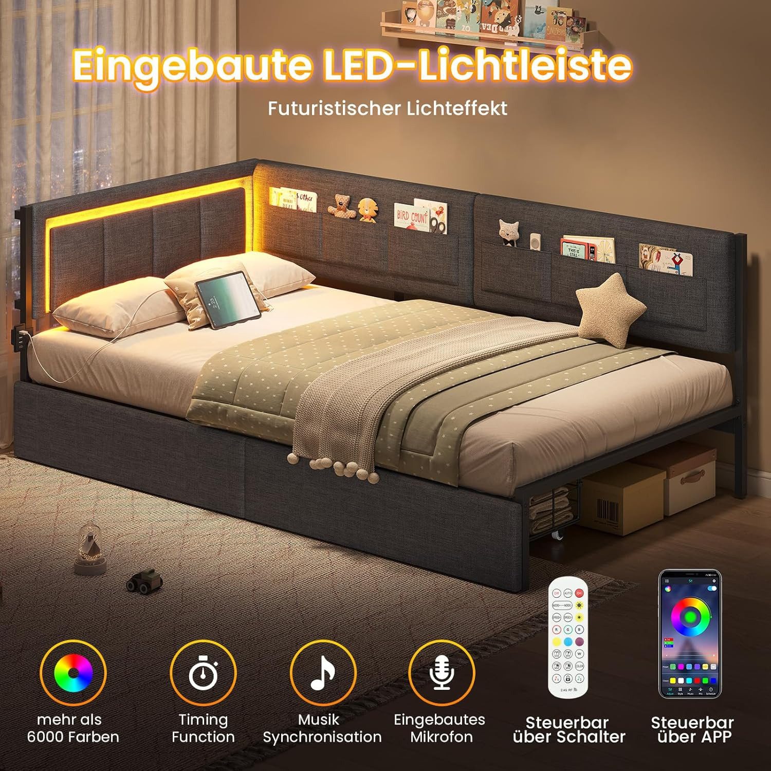 KIMENICH Polsterbett Schlafsofa mit LED-Beleuchtung, 6 Stoffbeutel & Ladestation (Ohne Matratze), Jugendbett mit 2 Schubladen, Grau – 90x190 cm – Bild 4 von 5