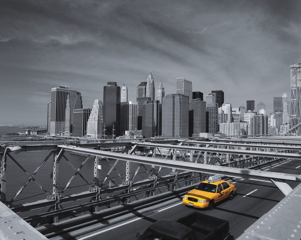 Rasch Fototapete Skyline Brücke Yellow-Cap New York USA - Vliestapete Grau Silber Gelb, bedruckt, (1 Rolle, 1 St., Kollektion 'Magicwalls' - 2,65 m x 3,71 m), Lichtbeständige Farben - Feucht abwischbar - Restlost abziehbar
