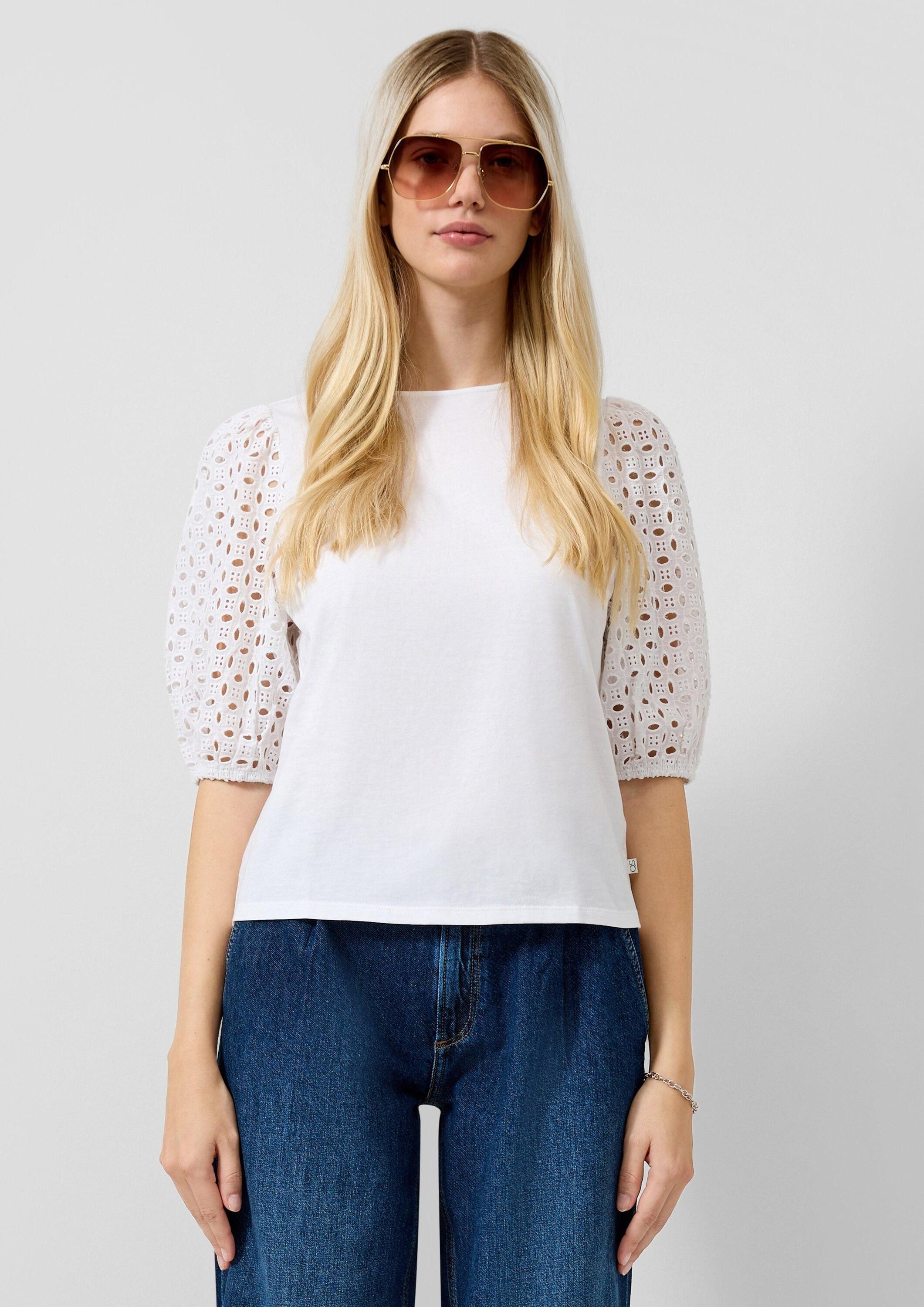QS Kurzarmshirt T-Shirt Shirt mit Broderie Anglaise