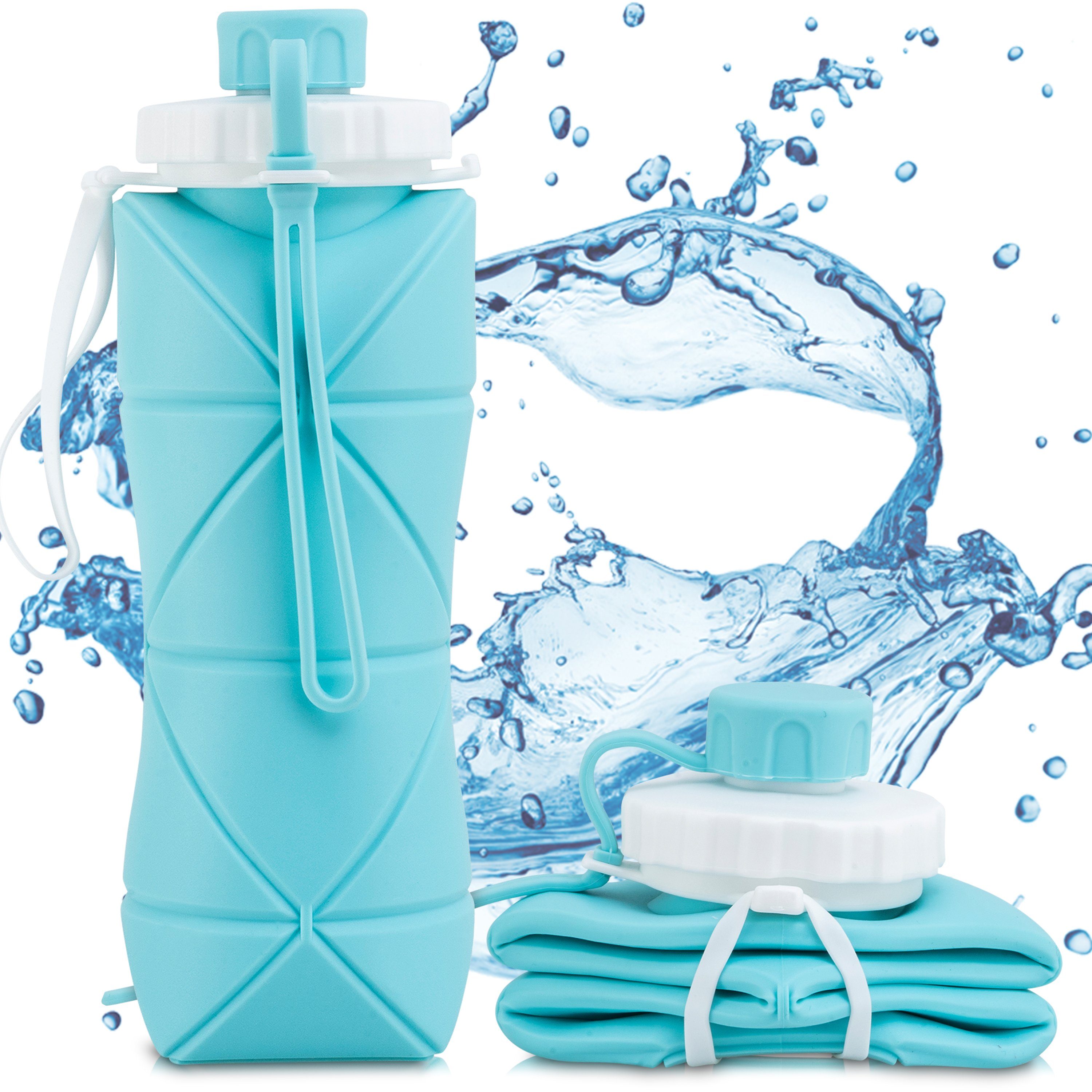 Perfekto24 Trinkflasche Faltbare Trinkflasche in Blau - Wasserflasche aus Silikon (600ml)