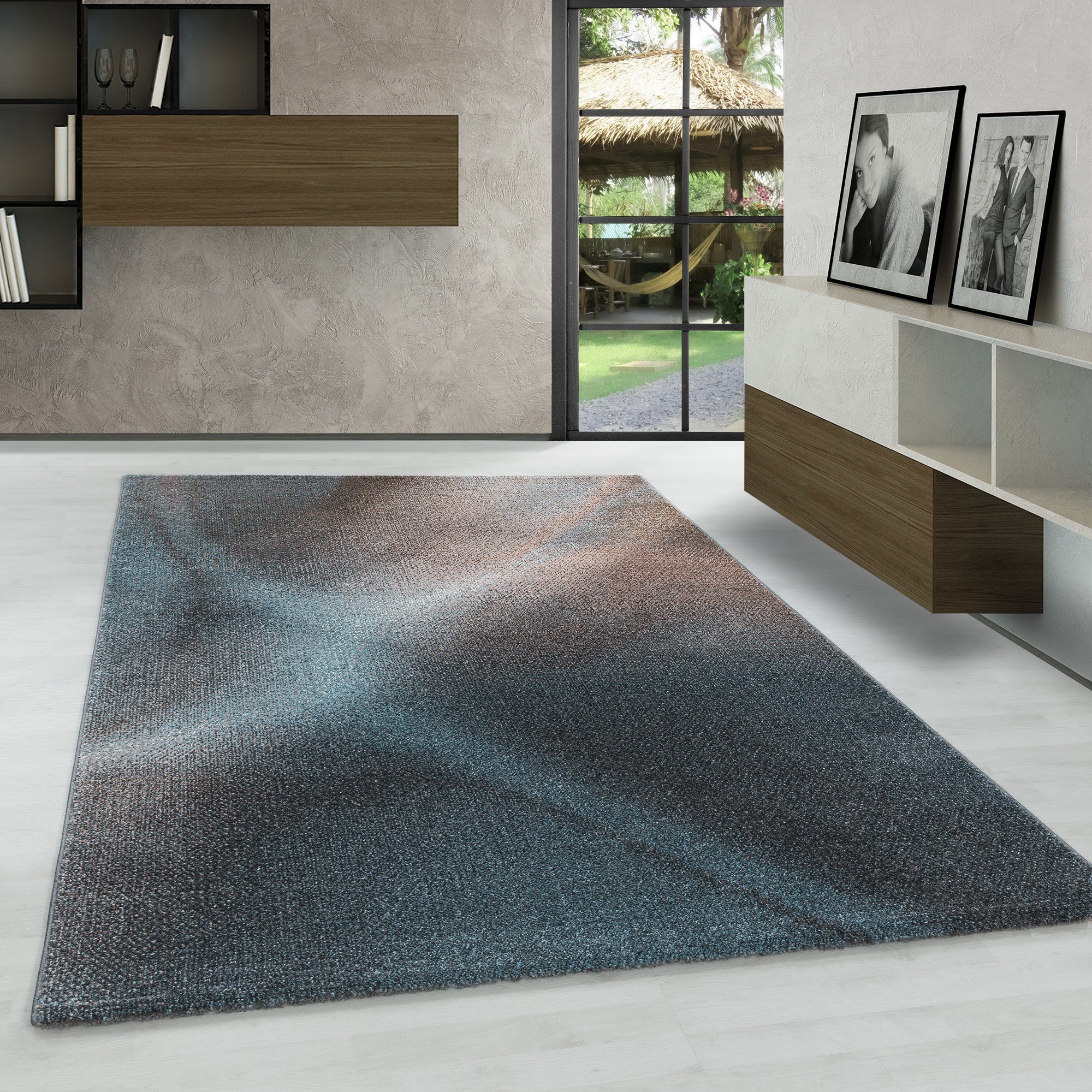 Frisé-Teppich Abstrakt Design, Carpetsale24, Läufer, Höhe: 10 mm, Kurzflor Teppich Abstrakt Design Blau Vintage-Stil Teppich Wohnzimmer