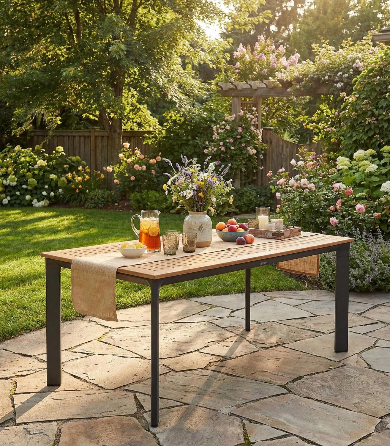 Outdoor Gartentisch UNICAMO, B 160 x T 90 cm, Braun, Anthrazit, Aluminium, Tischplatte aus Teakholz