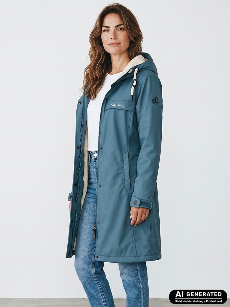 Dry Fashion Regenmantel Oslo Damen PU-Mantel Teddy-Fleece-Futter - Regenjacke Outdoor-Jacke Wind- & wasserdicht, Verschweißte Nähte, 2-Wege-Reißverschluss, Kapuze