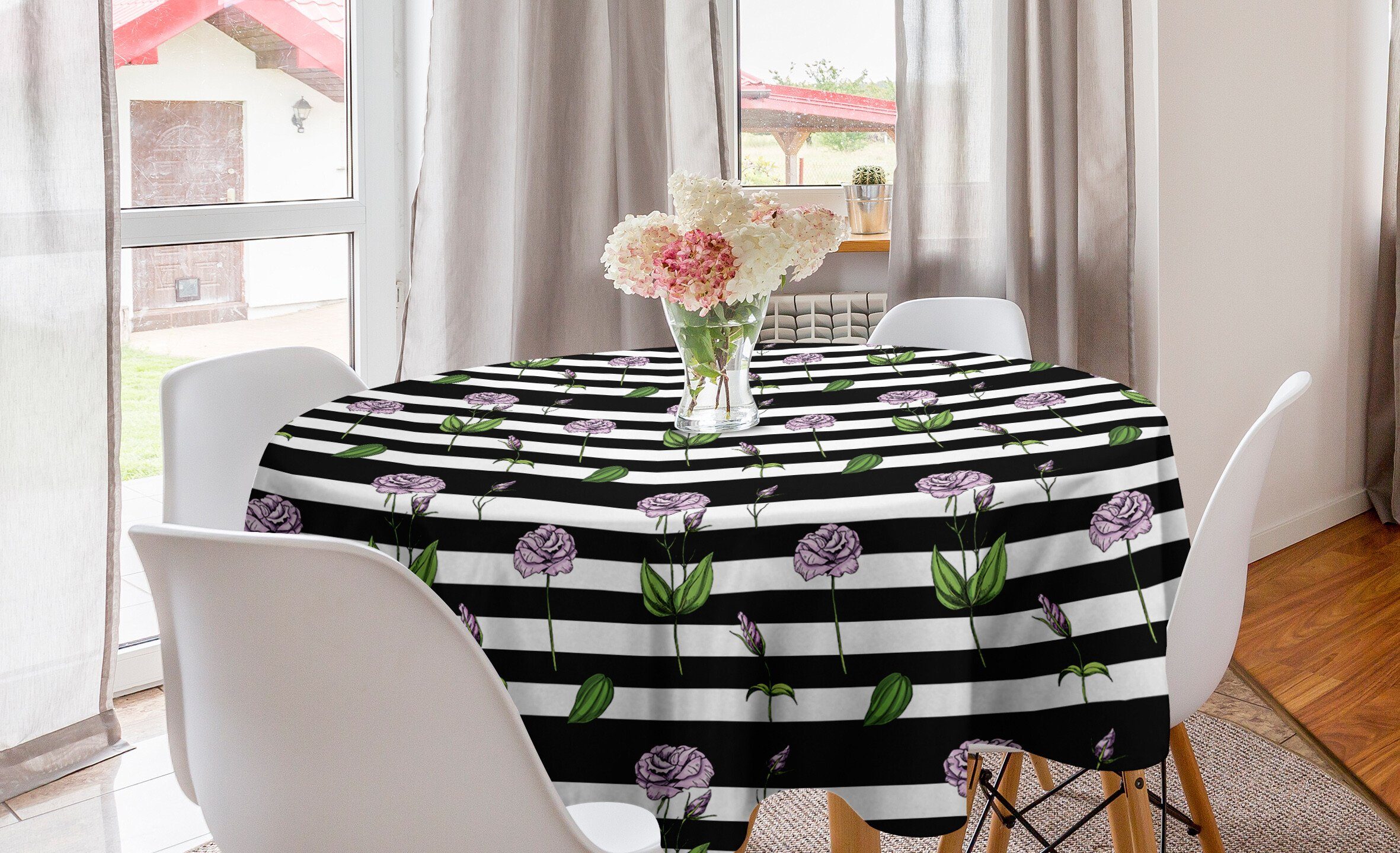 Abakuhaus Tischdecke Kreis Tischdecke Abdeckung für Esszimmer Küche Dekoration, Rose Sanfte rosa Blume auf Streifen