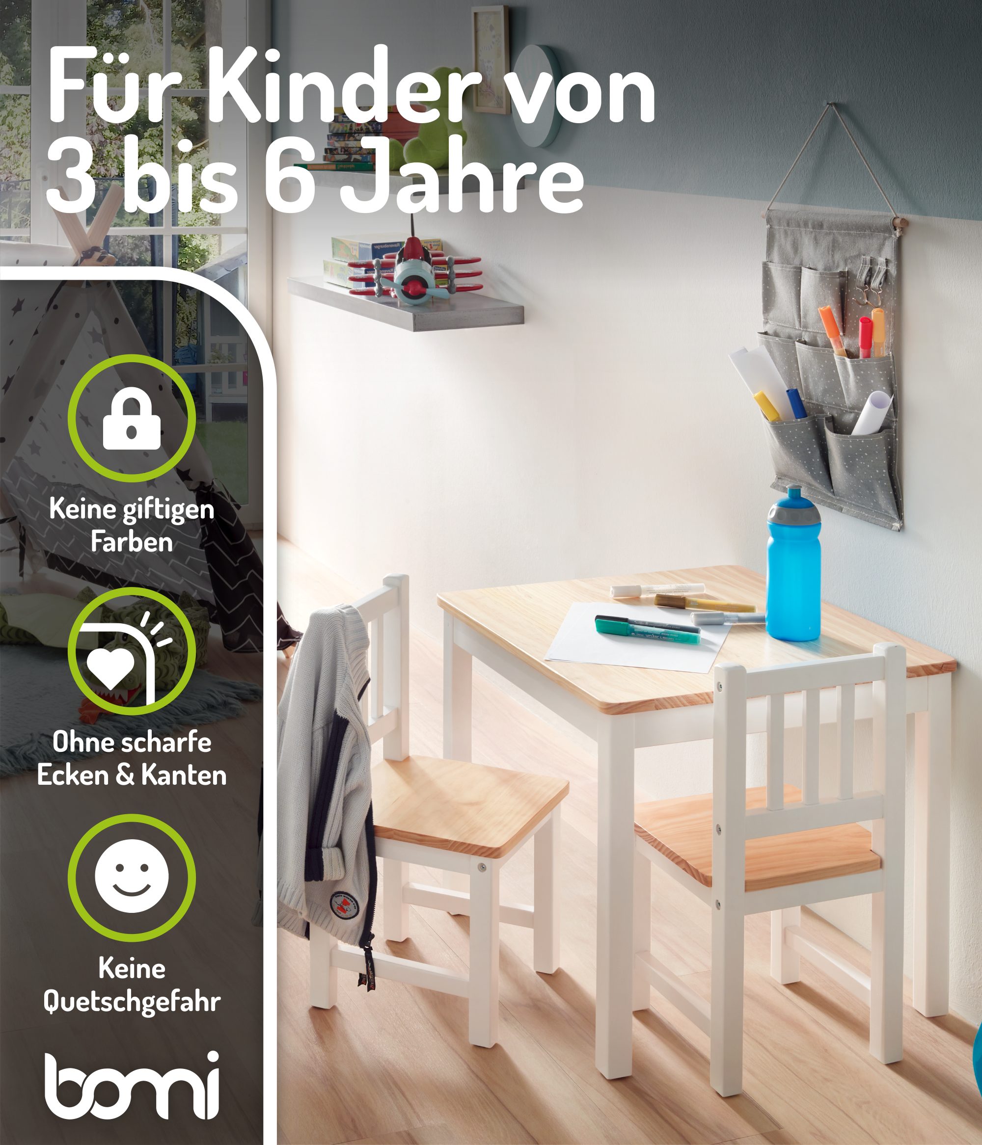 BOMI Kindersitzgruppe Holzsitzgruppe Amy, (Set, 3-tlg., oder 5 tlg. erhältlich), Kindertischgruppe, Tisch & Stühle Kinderzimmer, als Spiel- & Maltisch