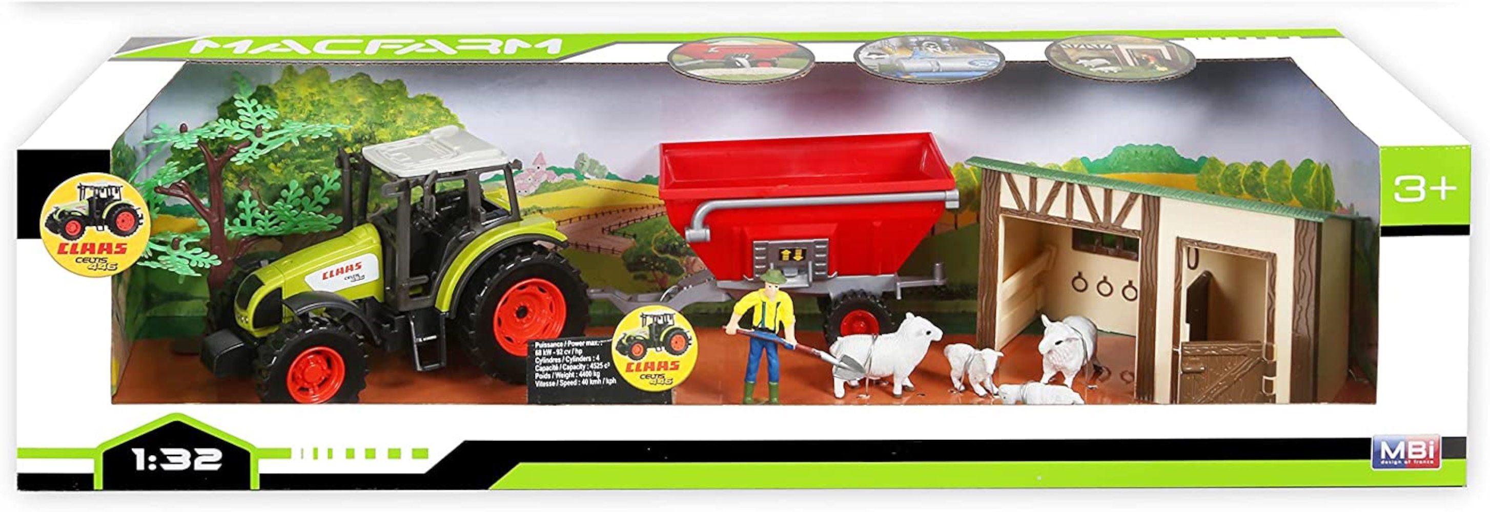 STARLUX Spielfahrzeug-Erweiterung Farm Set Claas Trecker Traktor Anhänger Stall Schafe Landwirt, Französisches Design und europäische Fertigung