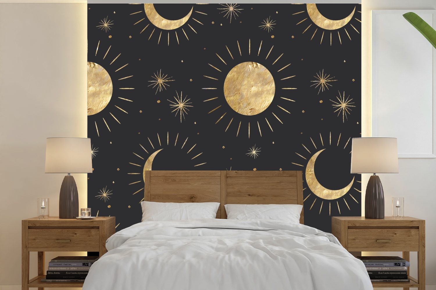 MuchoWow Fototapete Muster - Mond - Sonne - Gold, Matt, bedruckt, (5 St), Vinyl Tapete für Wohnzimmer oder Schlafzimmer, Wandtapete