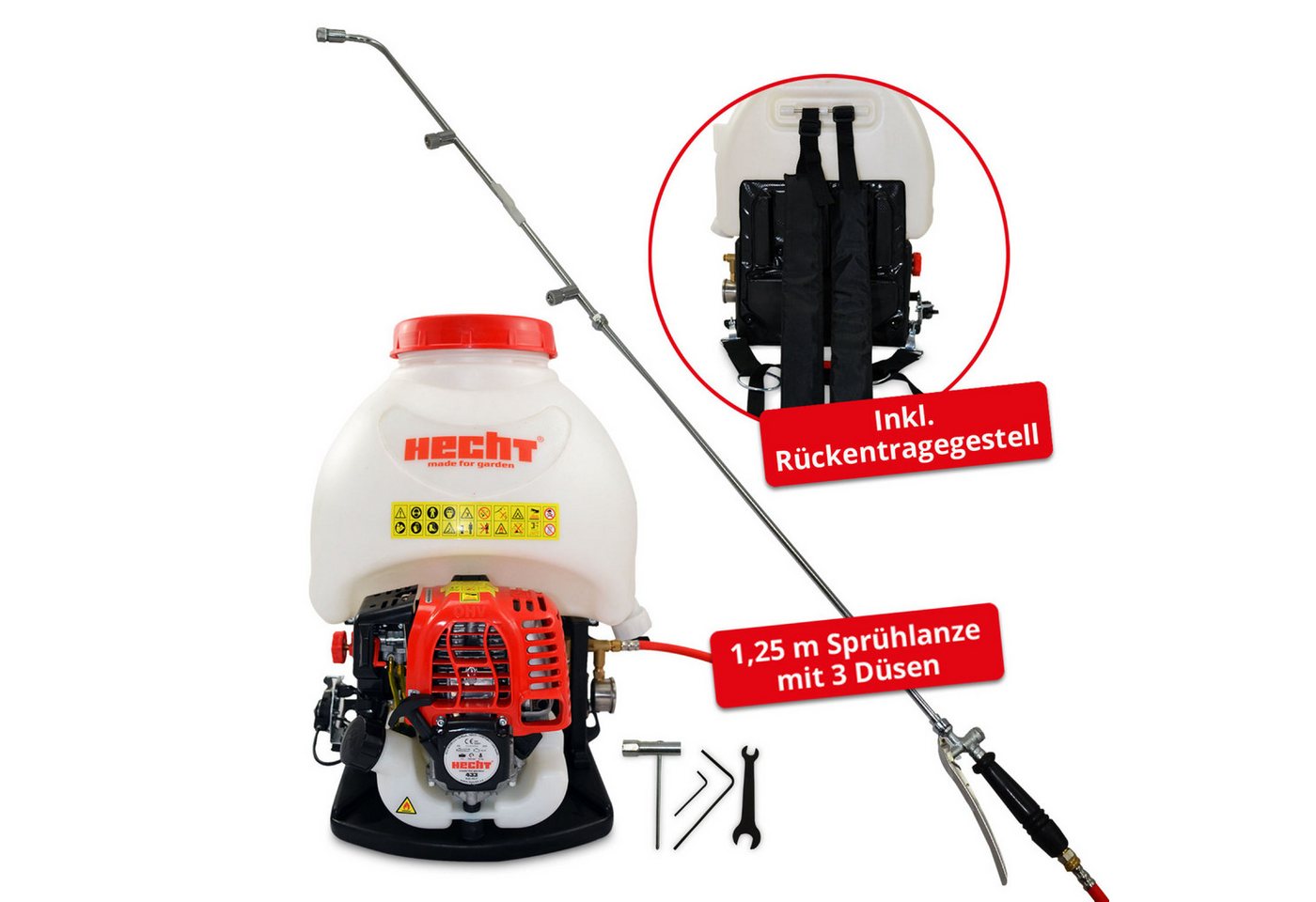 Thumbnail - Hecht Gartenspritze Motorspritze Benzin 15 Liter mit 3 Düsen, 0,55 kW / 0,75 PS, 61 cm lang, 2,5 bar, 9,3 kg mit Tragege...