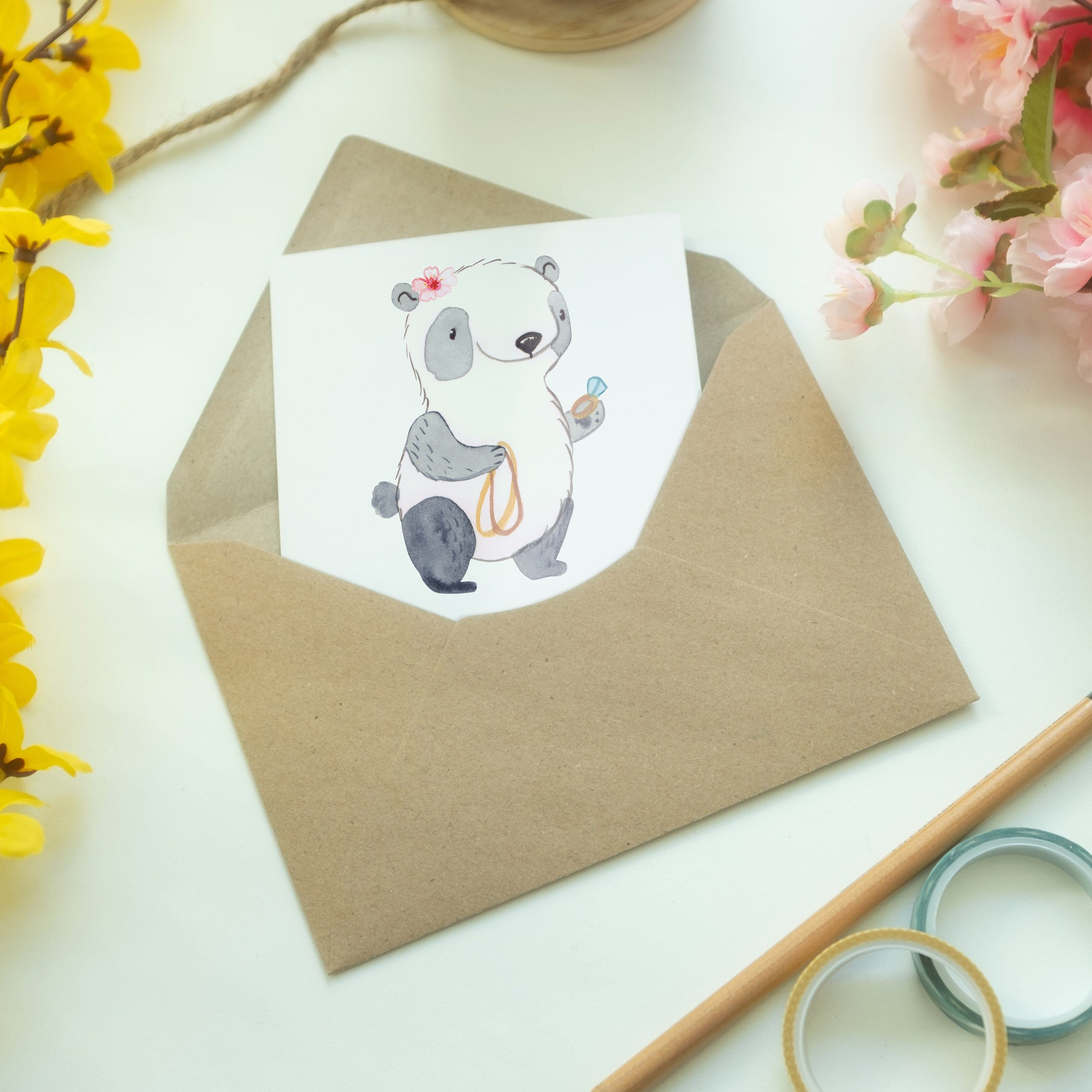 Mr. & Mrs. Schmuckwarenhä Panda Weiß Geschenk, Hochzeitskarte, Herz mit Juwelierin - Grußkarte 