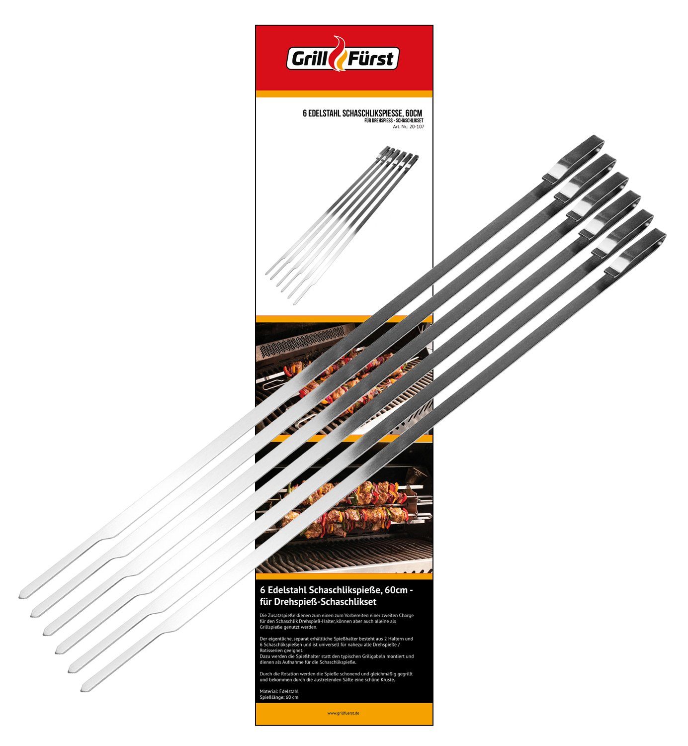 Grillfürst Drehkorb Grillfürst Edelstahl Spieße 60 cm - 6er Set - kompatibel mit Schaschlikset für Drehspieß