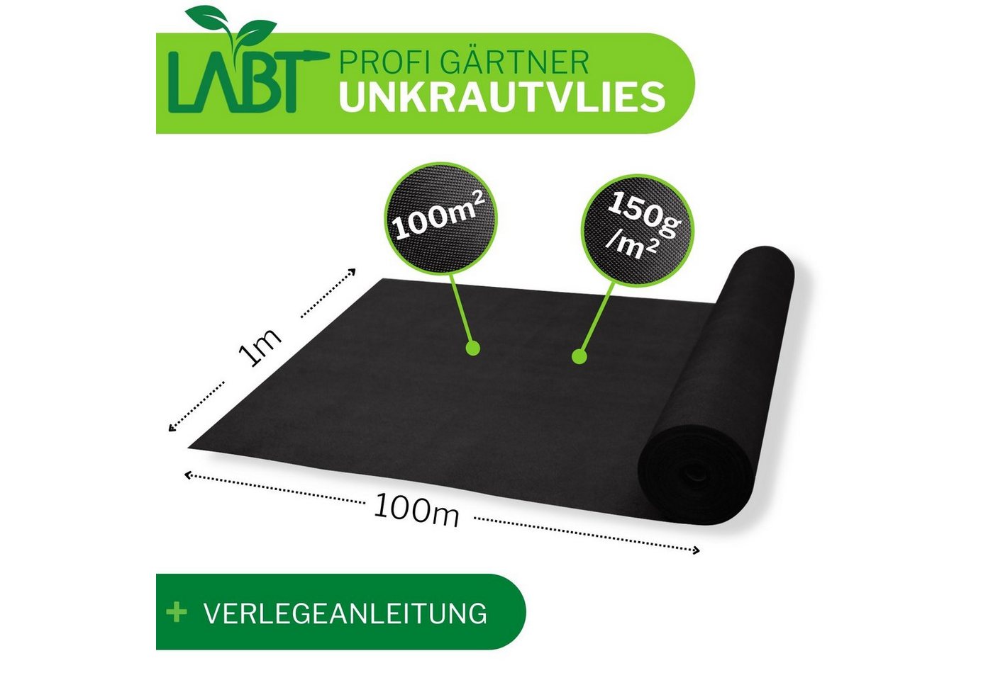 Thumbnail - LABT Unkrautvlies Unkrautvlies LABT® Gartenvlies 1m x 100m mit Erdankern 150g/m² stark