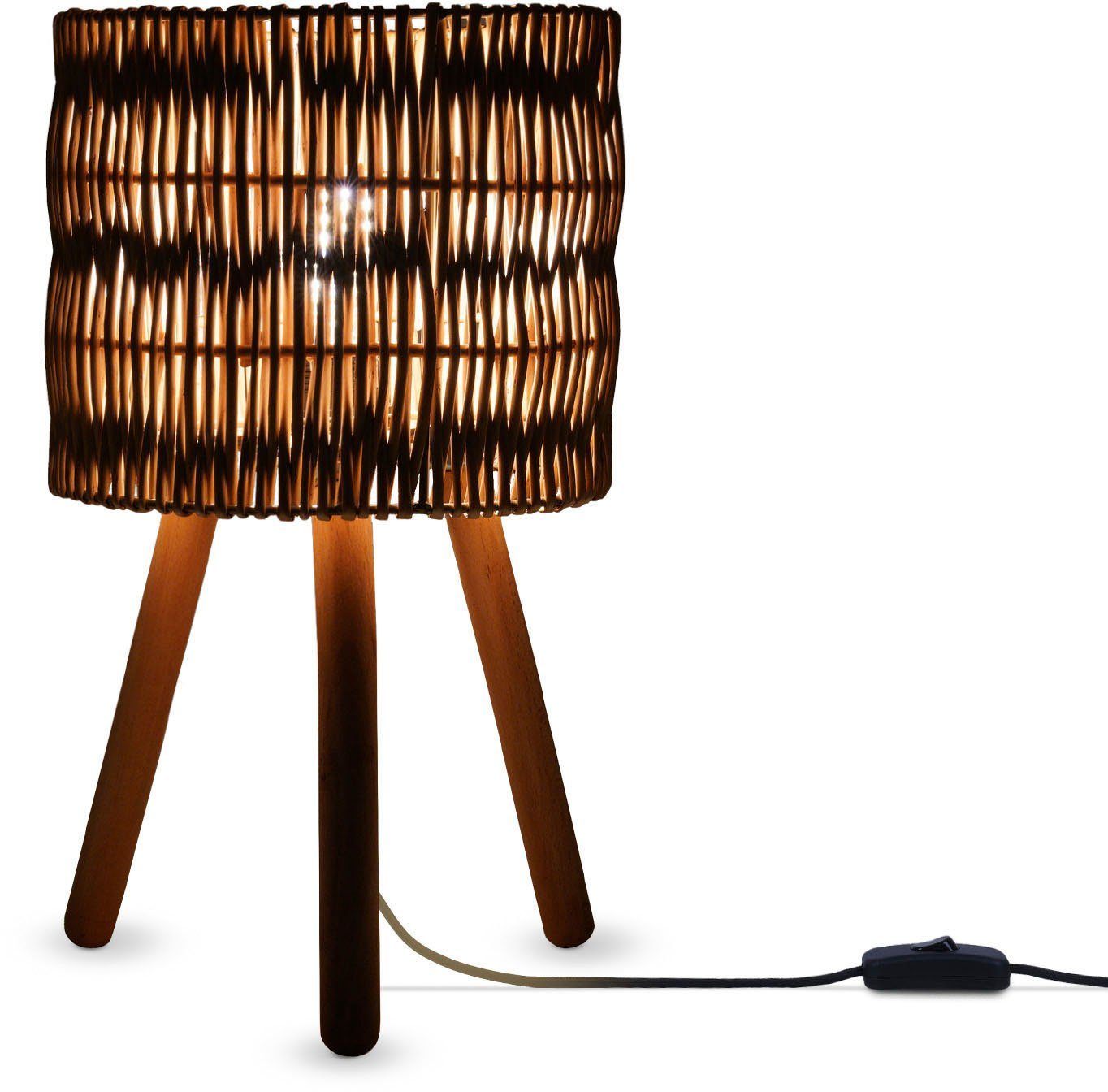 Paco Home Tischleuchte JORGE, ohne Leuchtmittel, Schreib Nacht Lampenschirm Korb Boho Holz E27