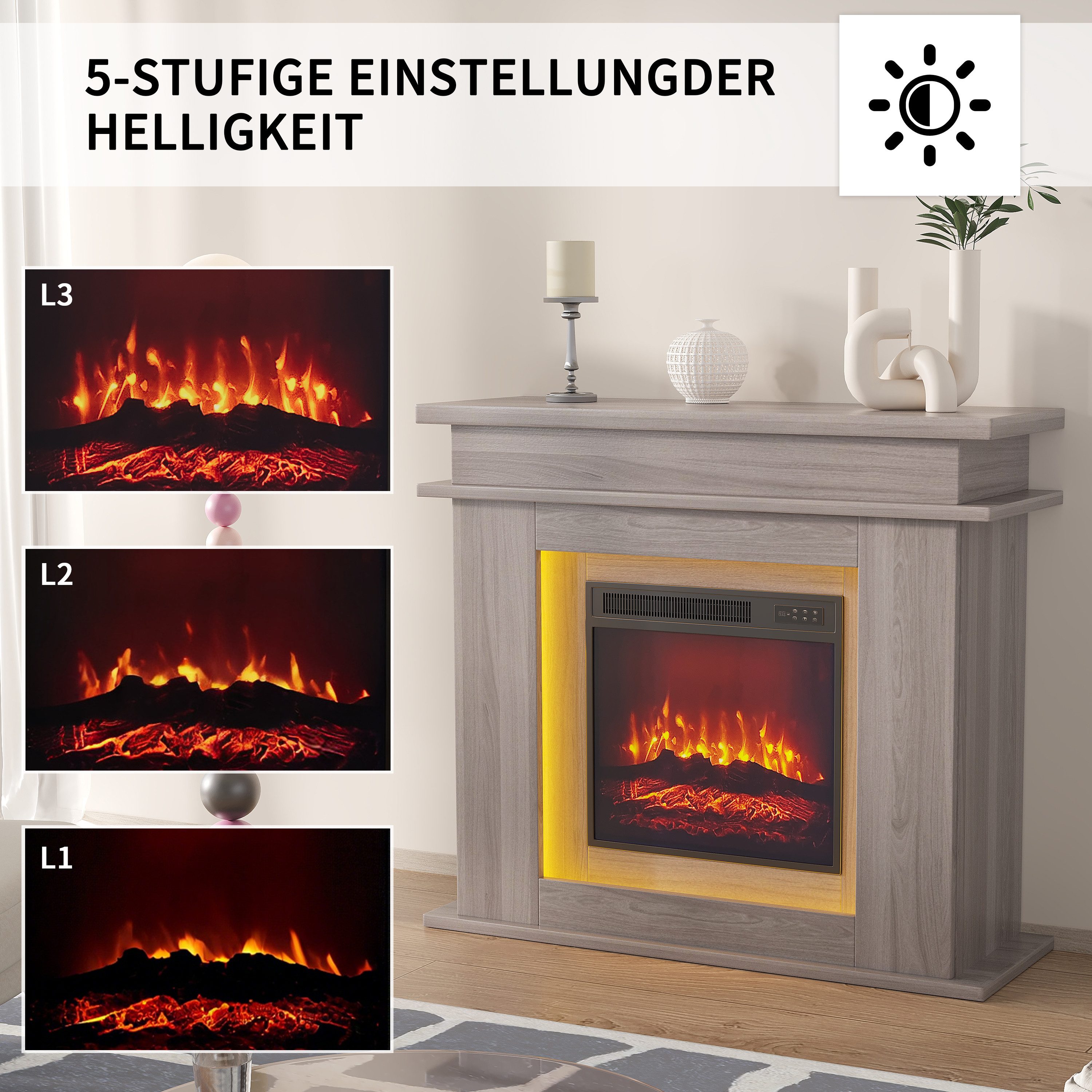 ADWOLT Kaminumbauschrank Kaminkonsole,Wandregal Kamingehäuse aus MDF (Holz Kaminumrandung Schrank im Landhaus Stil, Bräunlich-grau) 101x34.5x88.8 cm Deko Kamingehäuse mit Bräunlich-graue Holzmaserung