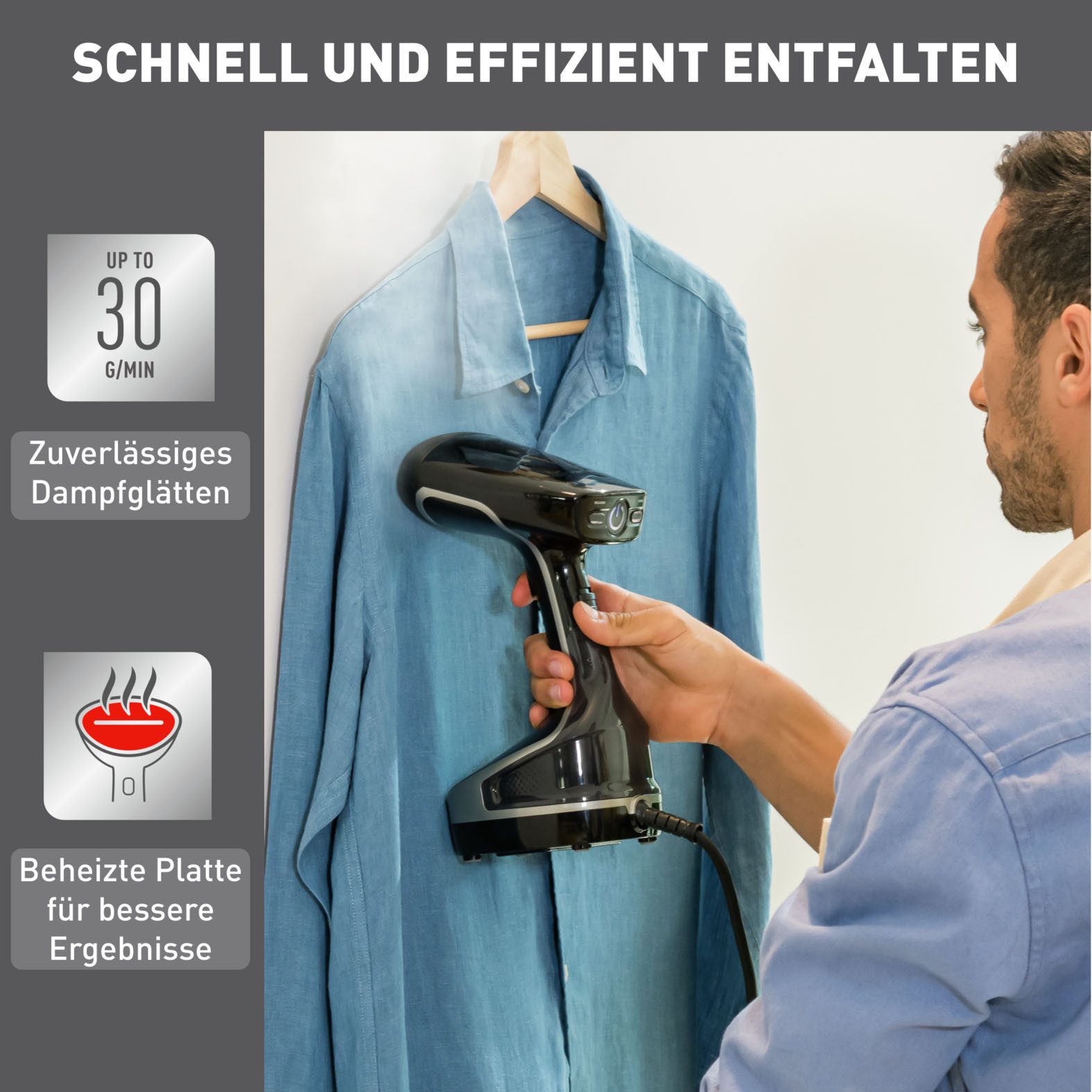 Tefal Dampfbürste Access Steam Force, 2000 Watt, 190 ml Wassertank, entkeimend, 2000 W, kraftvolle Dampfleistung, 25 Sekunden Aufheizzeit, Steamer, DT8250