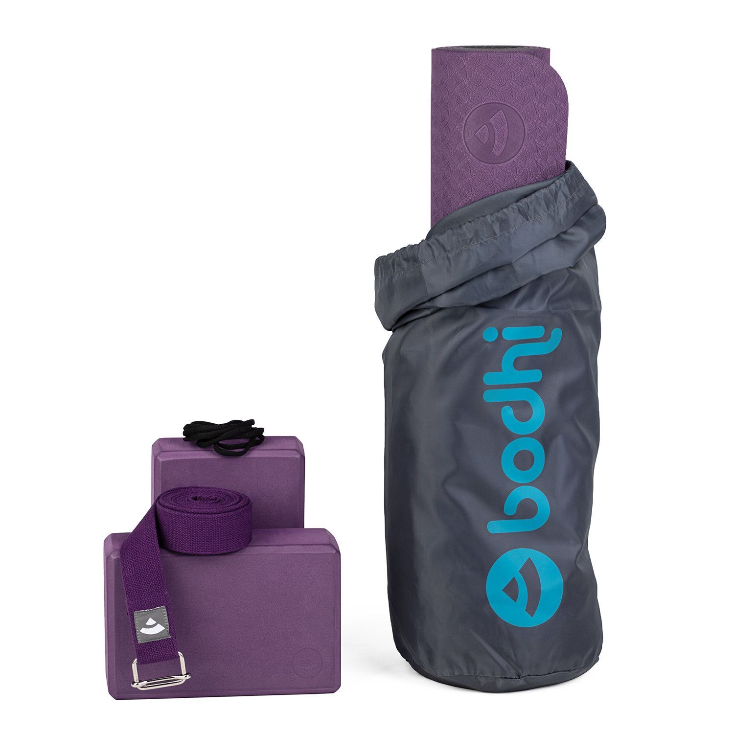 bodhi Yogamatte Yoga Set FLOW Yogamatte mit Block & Gurt lila