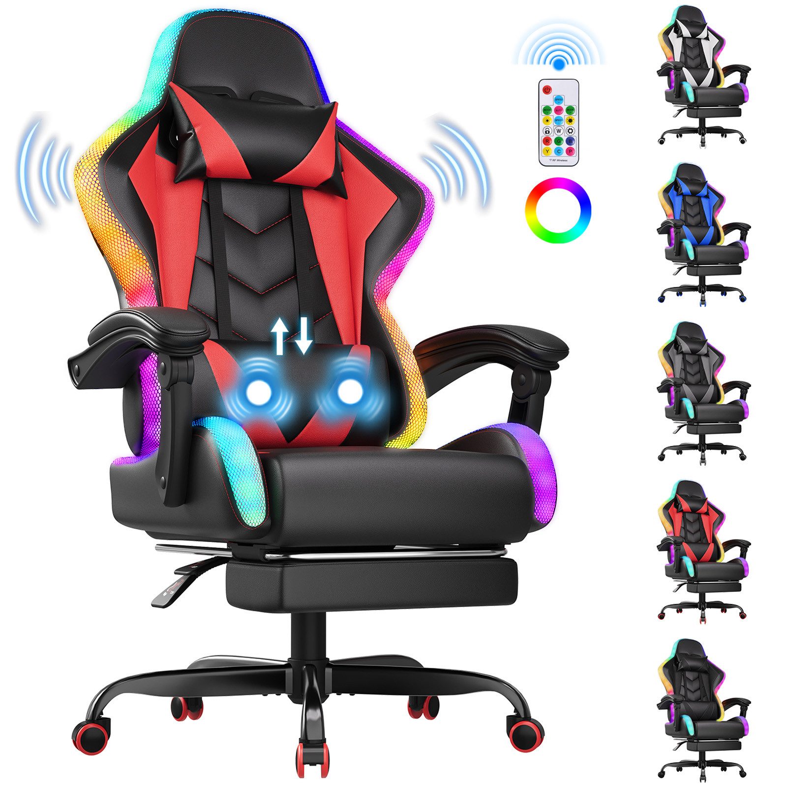 HOMALL Gaming-Stuhl mit LED,Ergonomisch,Fußstütze,computerstuhl,gaming stuhl mit massage (Die LED-Beleuchtung ist einstellbar, das Massagekissen für den Rücken ist beweglich), Ergonomischer Bürostuhl,Kopfstütze und Lendenstütze