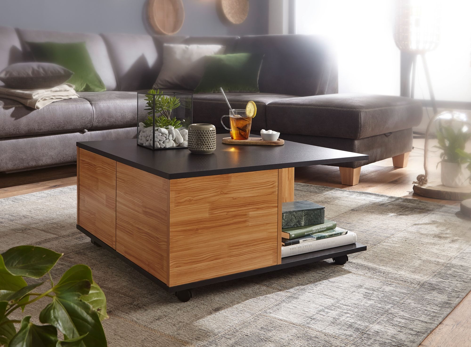 FINEBUY Couchtisch SuVa19138_1 70x70cm Wohnzimmertisch Sofatisch Tisch mit 2 Schubladen (70x70 cm Anthrazit / Sandeiche, Sofatisch Eckig), Wohnzimmertisch mit 2 Schubladen, Tisch mit Rollen